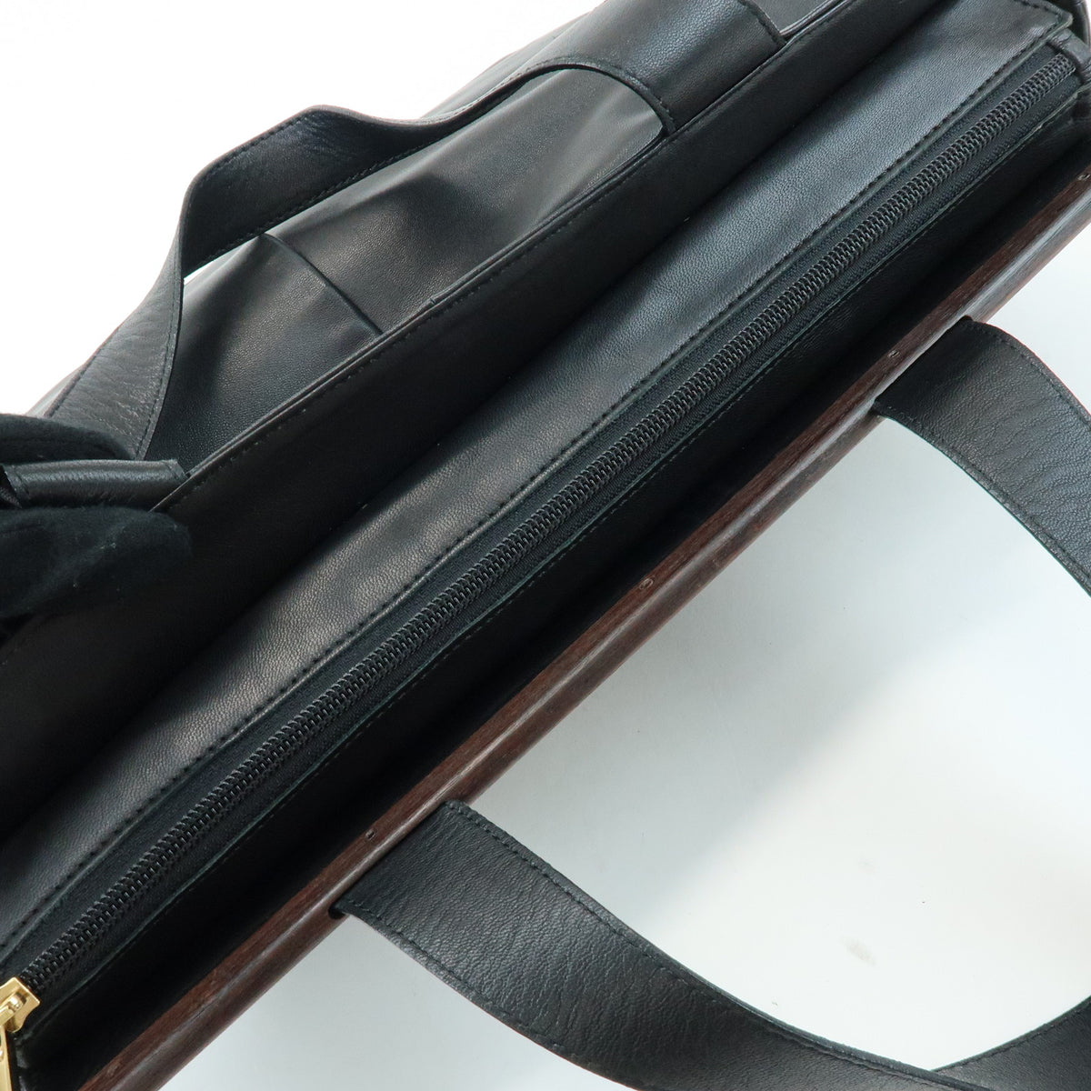 LOEWE Nappa Leather Wood Hand Bag Tote Bag Black Brown