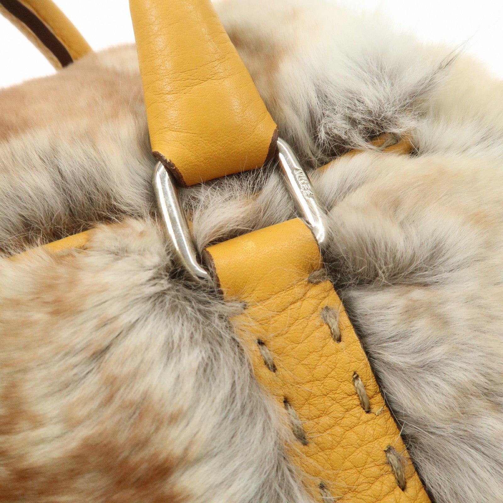 FENDI Seleria Leather Fur Mini Linda Hand Bag Brown White 8BR486 Used