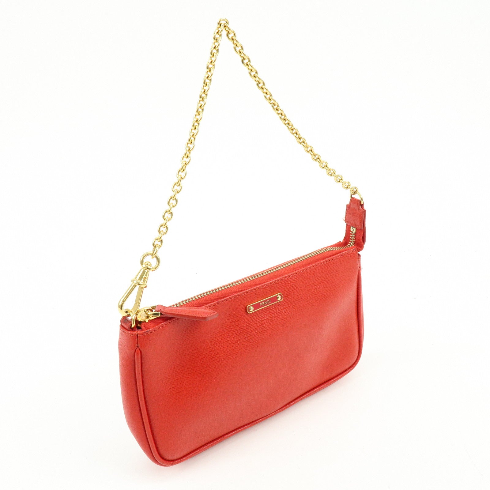 FENDI Embossed Leather Chain Accessary Pouch Hand Bag Red 8M0271