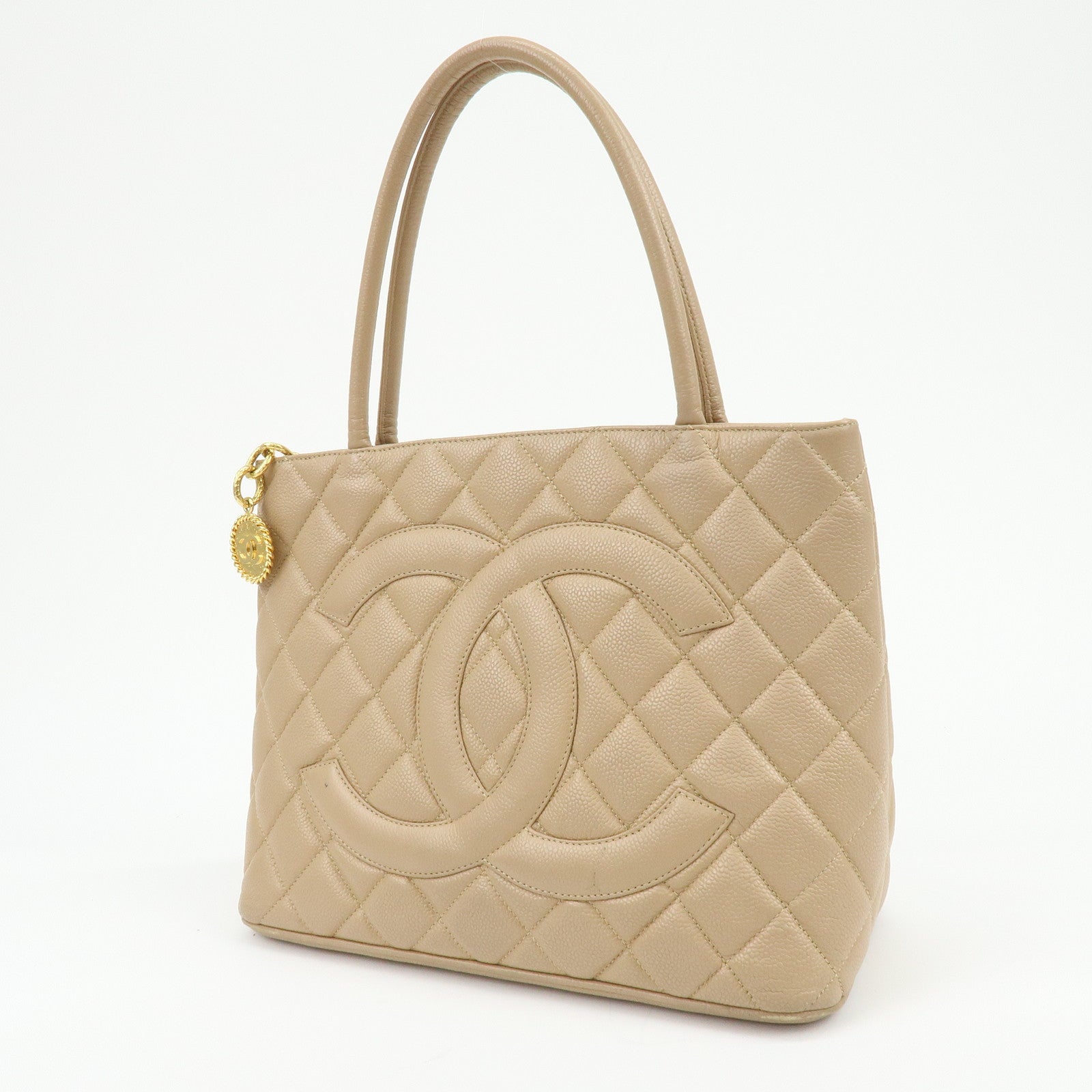 CHANEL Matelasse COCO Mark Caviarskin Medallion Tote Bag Beige A01804