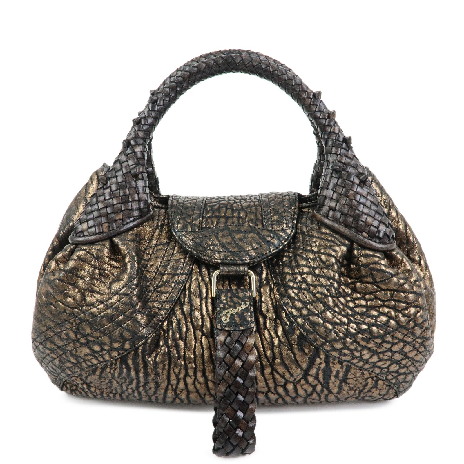FENDI Spy Zucca  Embossed Leather Hand Bag Bronze 8BR589