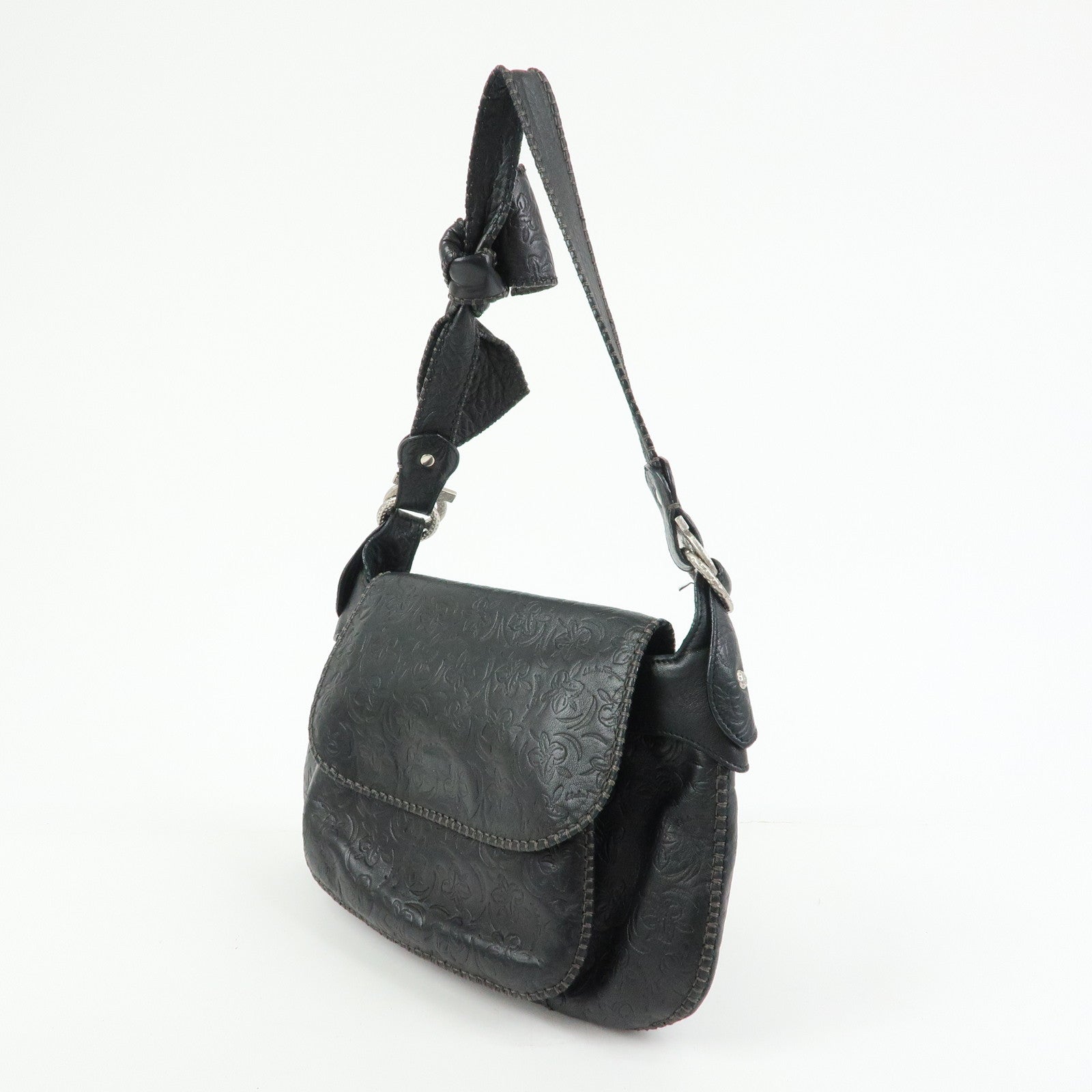 Ferragamo Gancini Embossed Flower Leather Shoulder Bag Black
