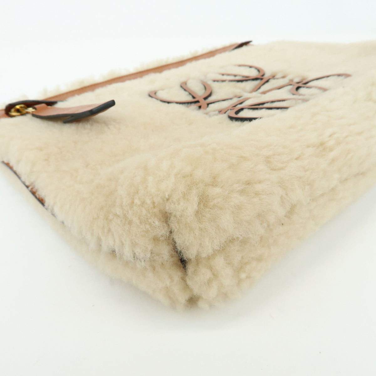 LOEWE Anagram Shearling Leather Clutch Bag Pouch Beige Brown