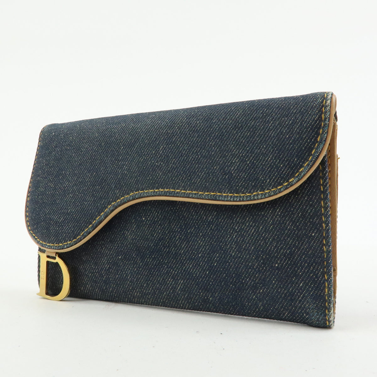 Christian Dior Saddle Denim Leather Bi-fold Long Wallet Blue