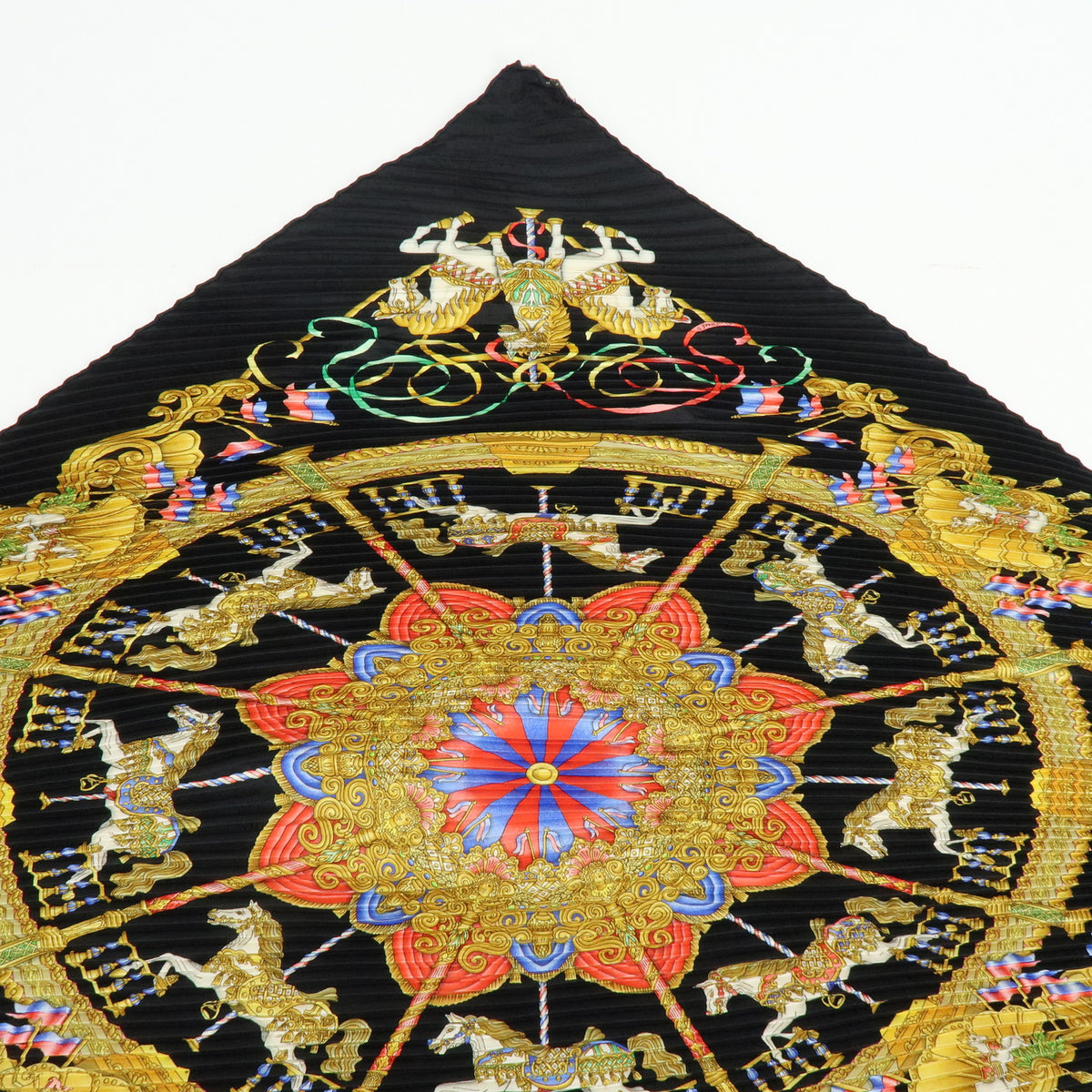 HERMES Pleated Carre 90 Silk 100% Luna Park Black Multicolor