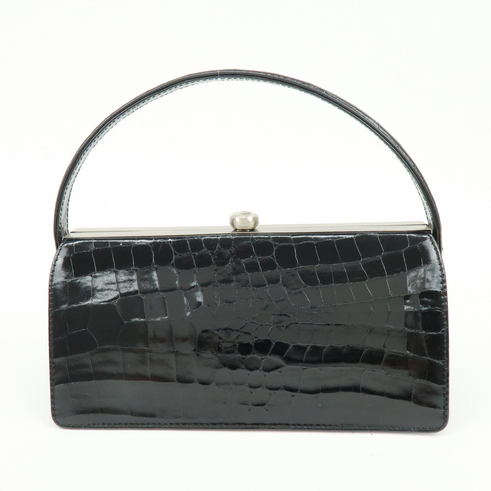 GIANNI VERSACE Embossed Leather Kiss Lock Top Handle Hand Bag Black