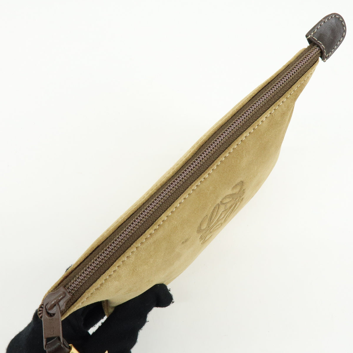 LOEWE Anagram Suede Accessory Pouch Makeup Bag Pouch Beige Gold