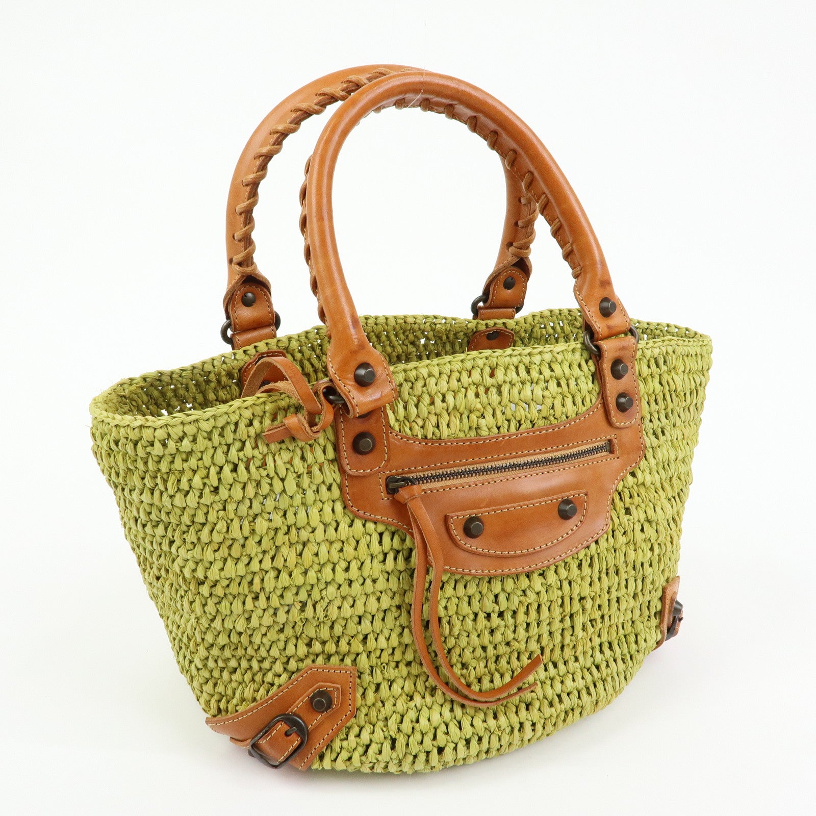 Balenciaga Panier Raffia Leather Basket Tote Bag Green Brown 236741