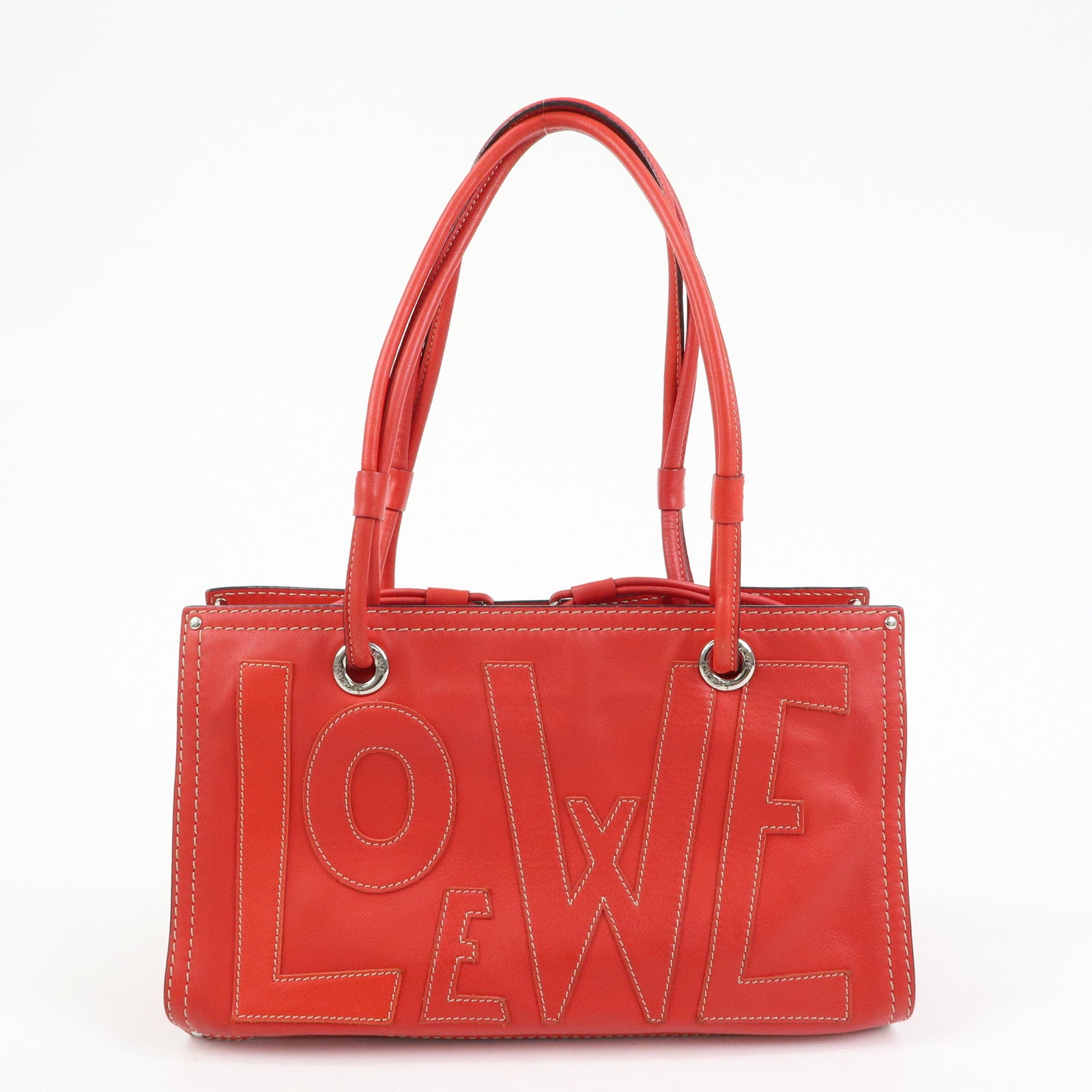 LOEWE Anagram Leather Tote Bag Hand Bag Shoulder Bag Red