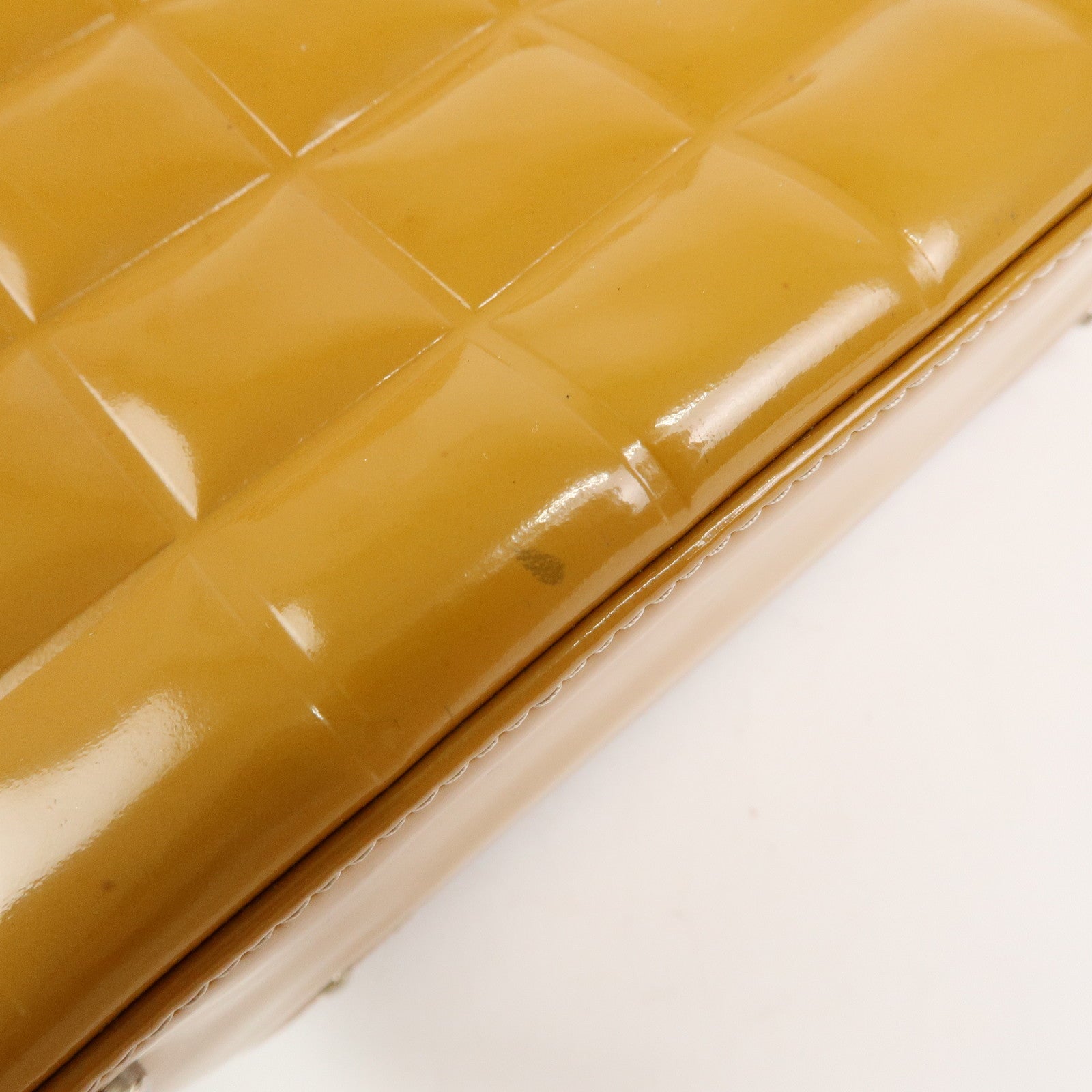 CHANEL Chocolate Bar COCO Mark Patent Leather Boston Bag Hand Bag Camel