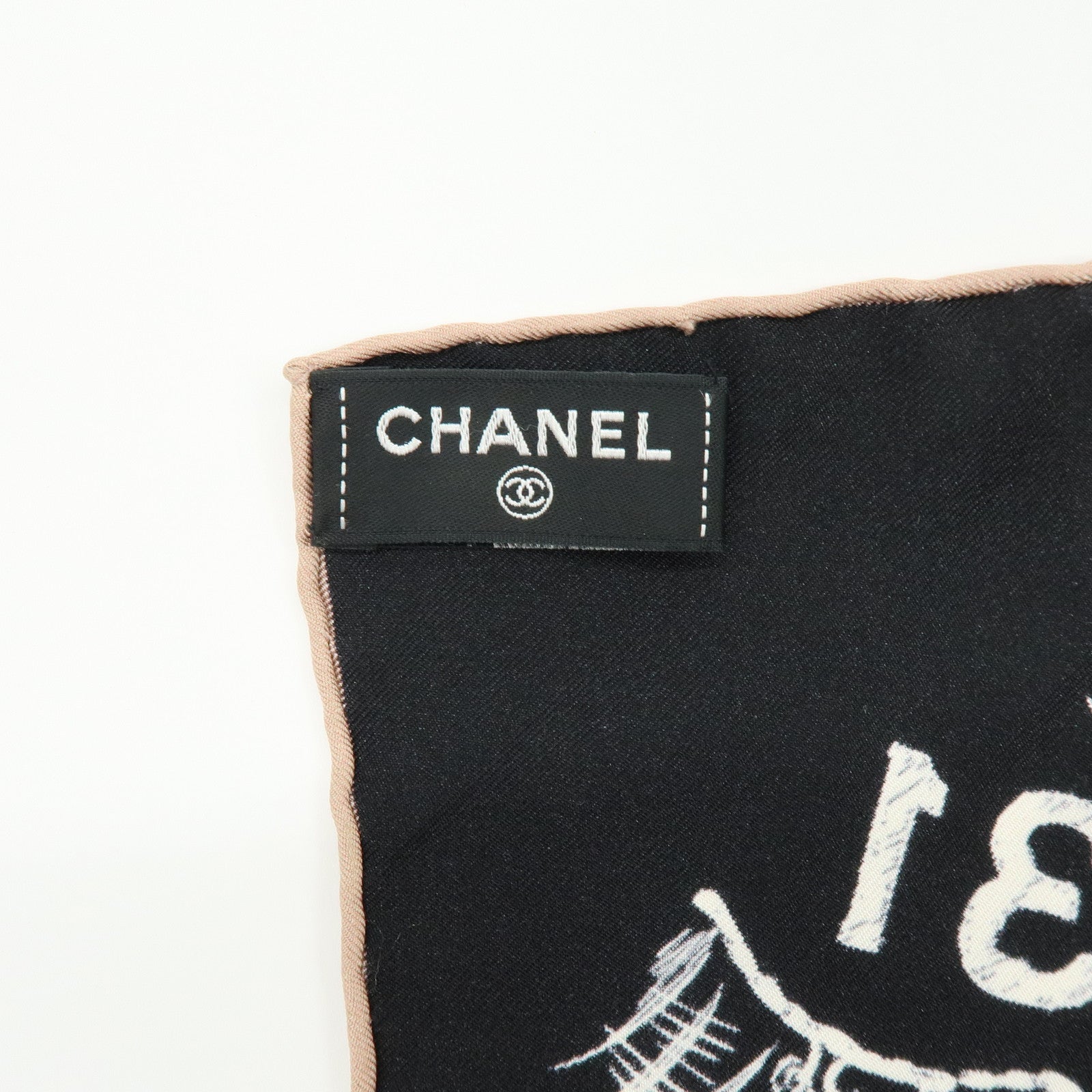 CHANEL Silk 100% Scarf Iconographic Pattern Black White Pink