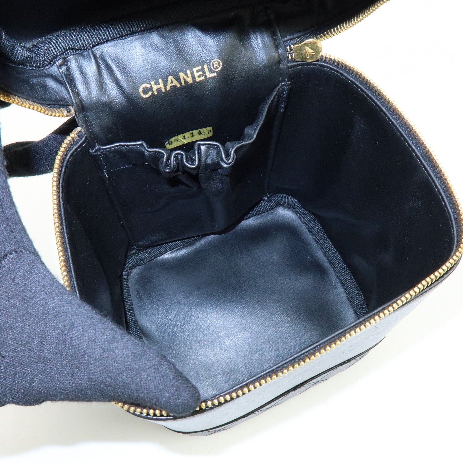 CHANEL Bicolore Lamb Skin Vanity Bag Hand Bag Black A01619