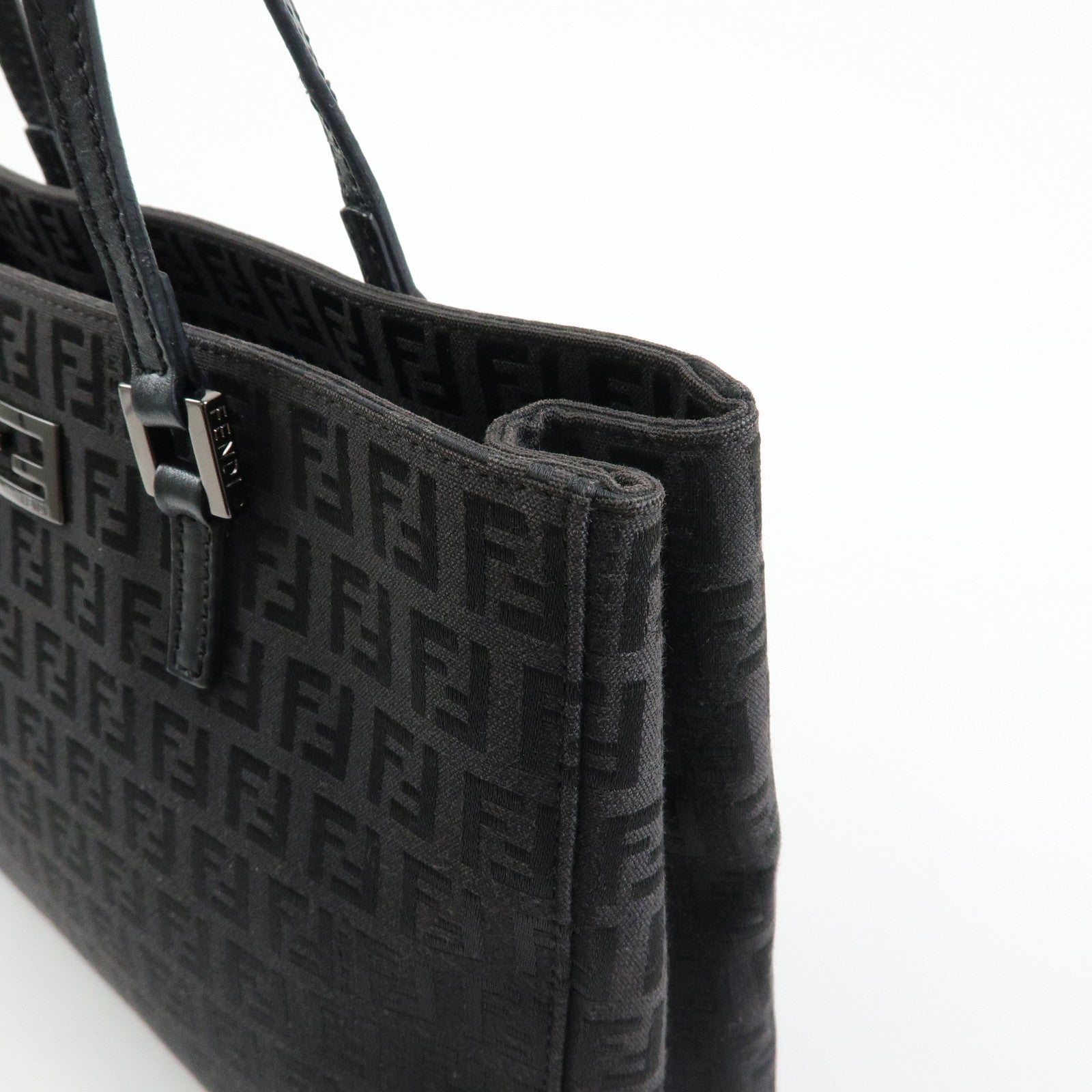 FENDI Zucchino Canvas Leather Hand Bag Tote Bag Black 8BH132