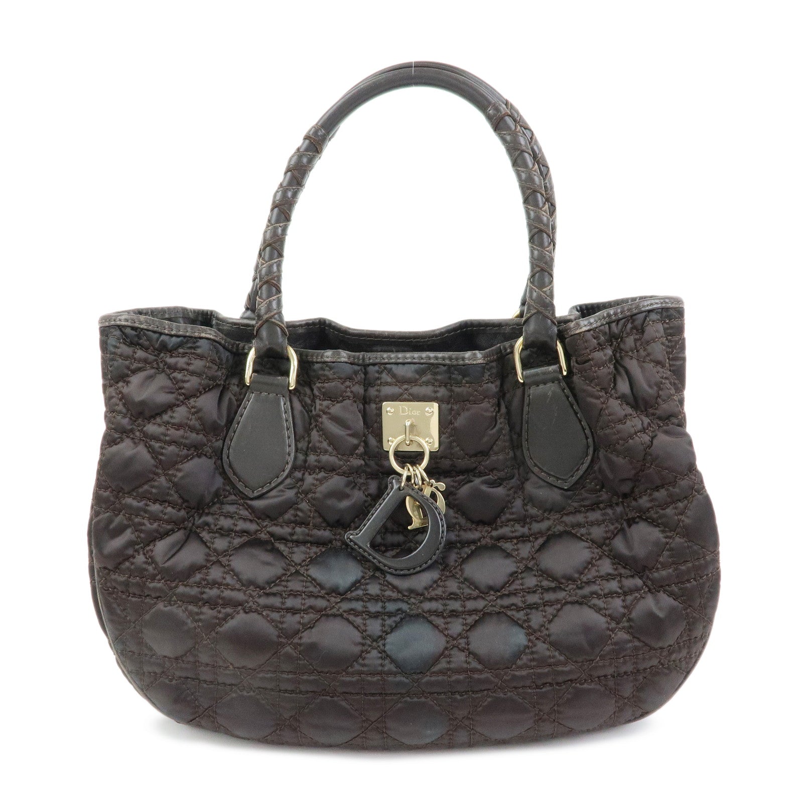 Christian Dior Lady Dior Cannage Nylon Leather Hand Bag Tote Bag Brown