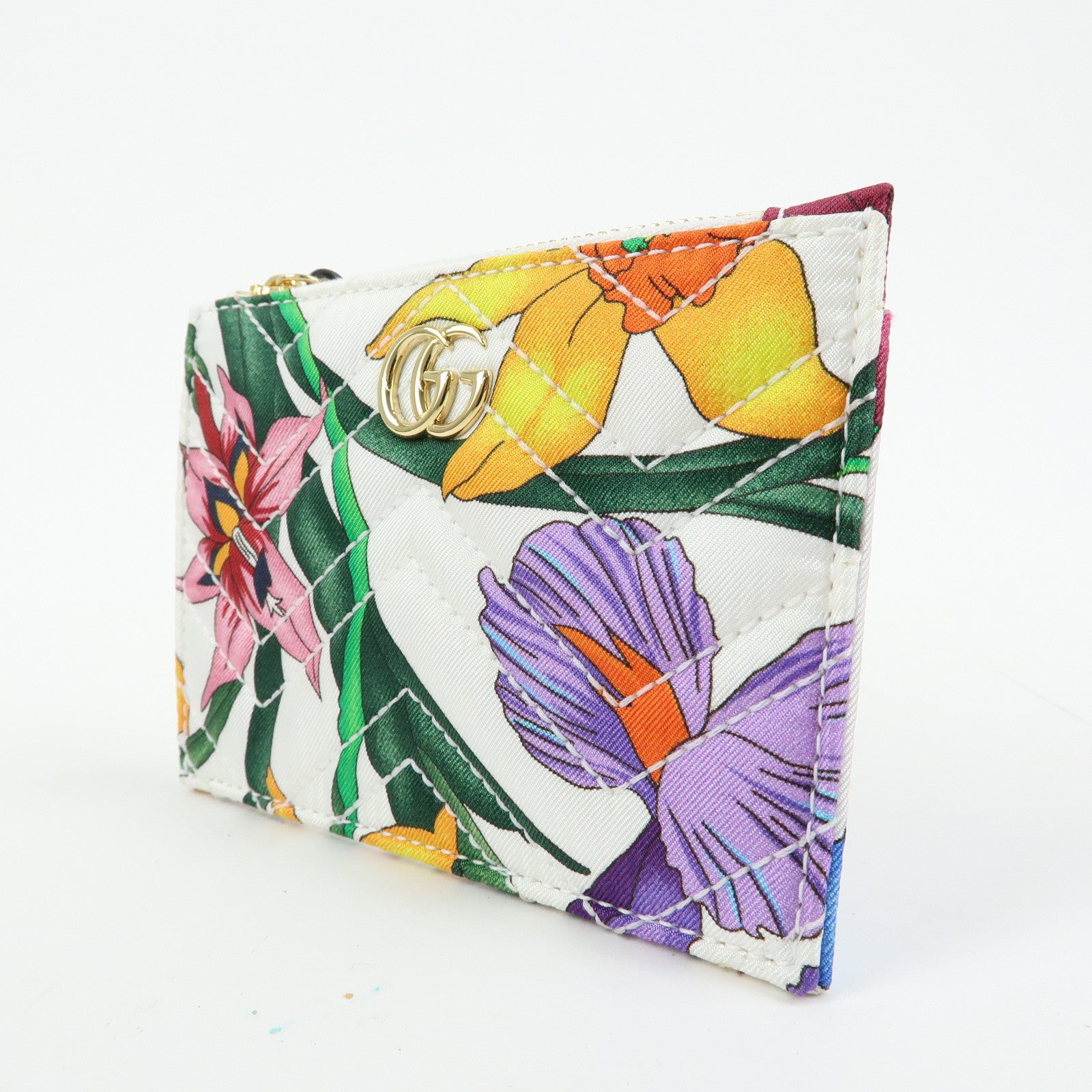 GUCCI GG Marmont FLora Double G Silk Coin Case Coin Purse White