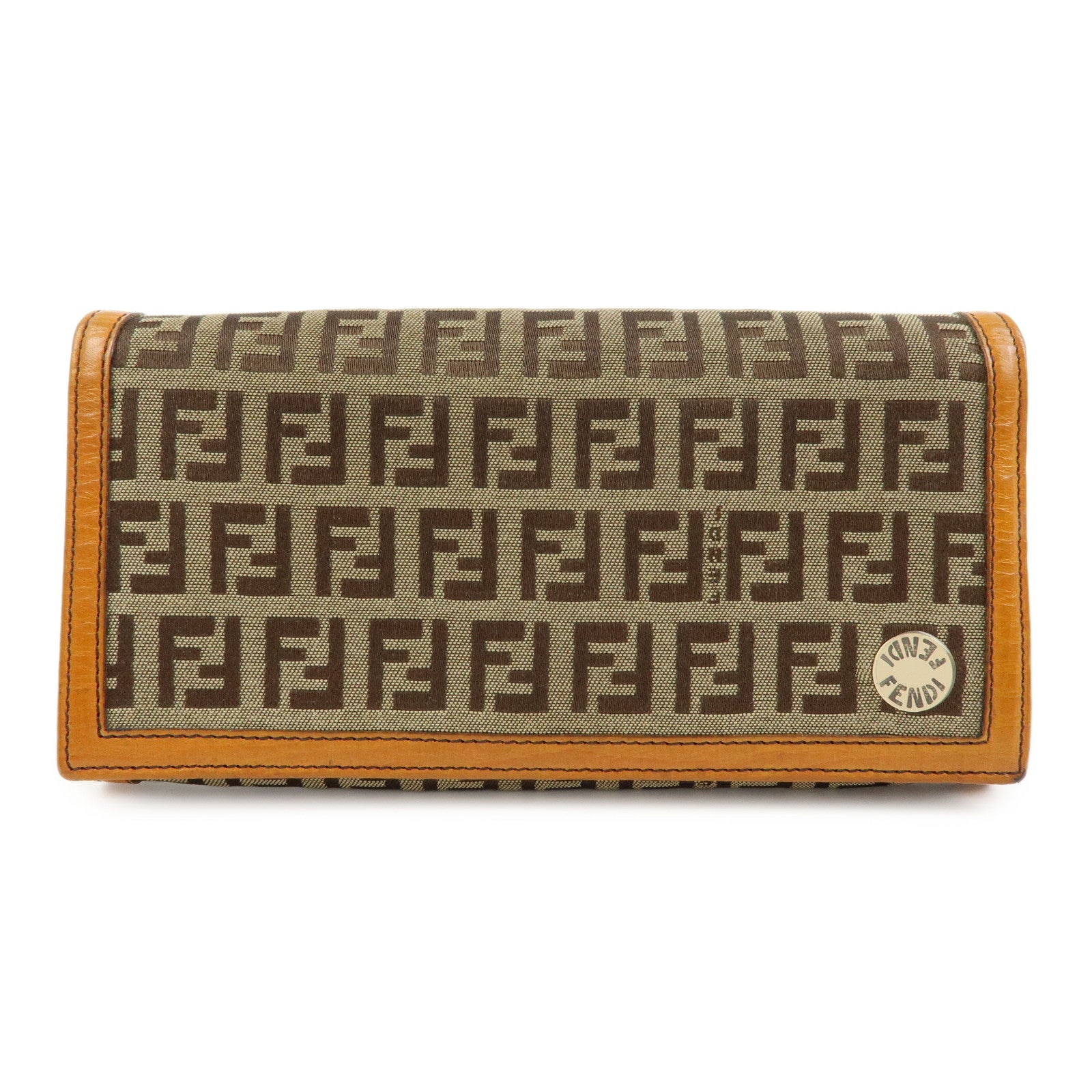 FENDI Zucchino Jacquard Canvas Leather Bi-fold Long Wallet Beige 8M0000