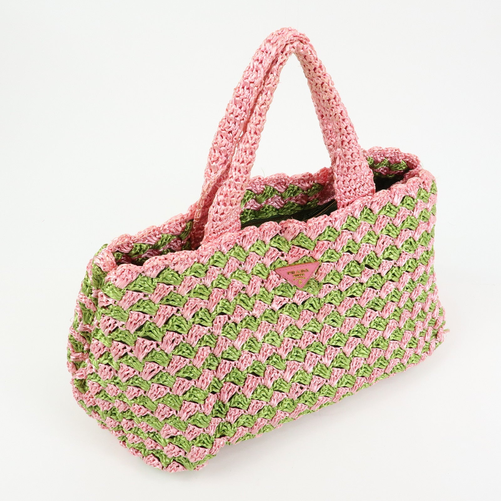 PRADA Triangle Logo Canapa Raffia Tote Bag Hand Bag Pink Green