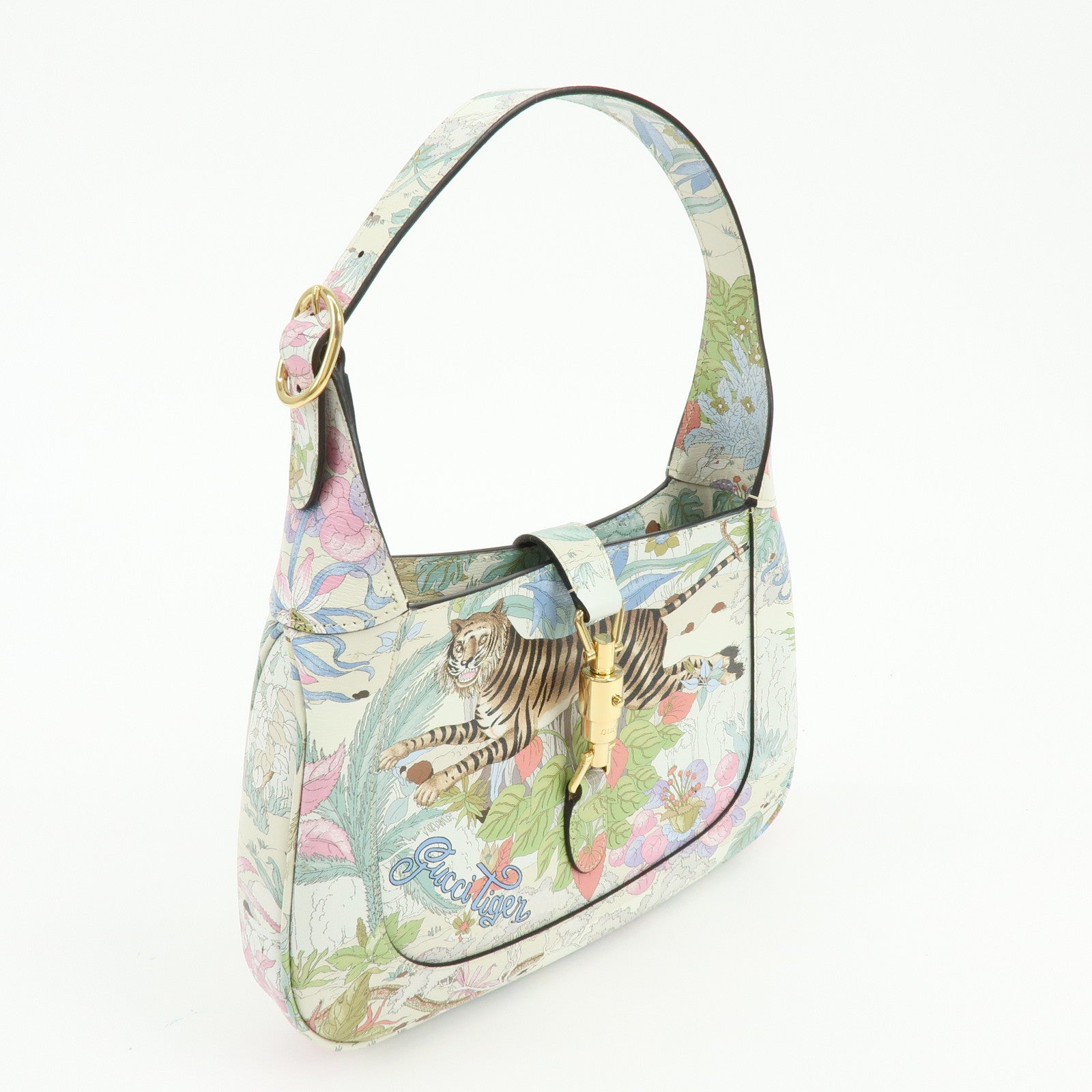 GUCCI Jackie 1961 Tiger Leather Shoulder Bag White Multicolor 636709
