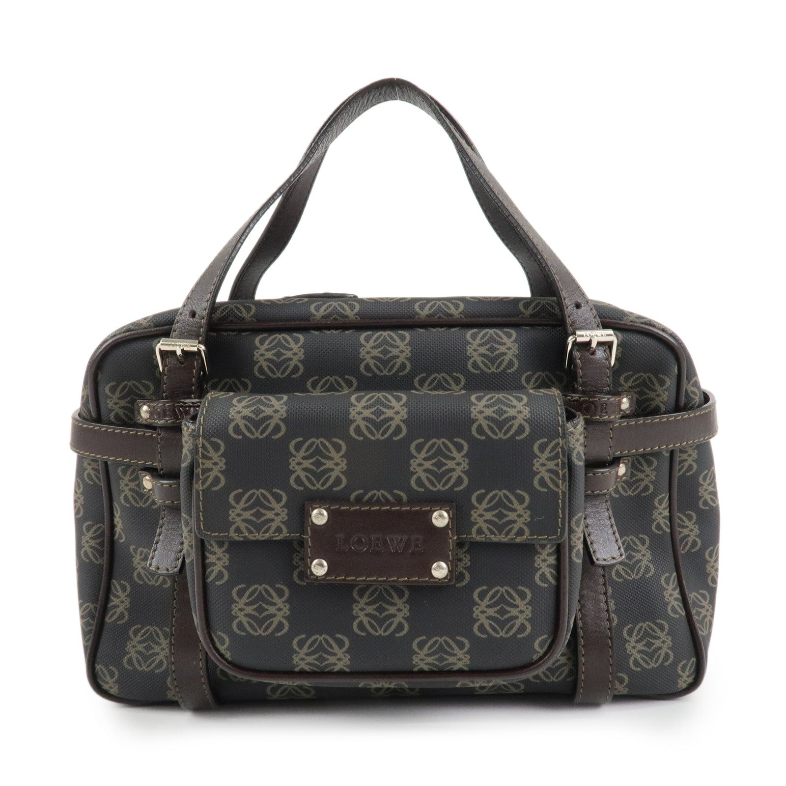 LOEWE Repeat Anagram PVC Leather 2Way Boston Bag Hand Bag Brown Used