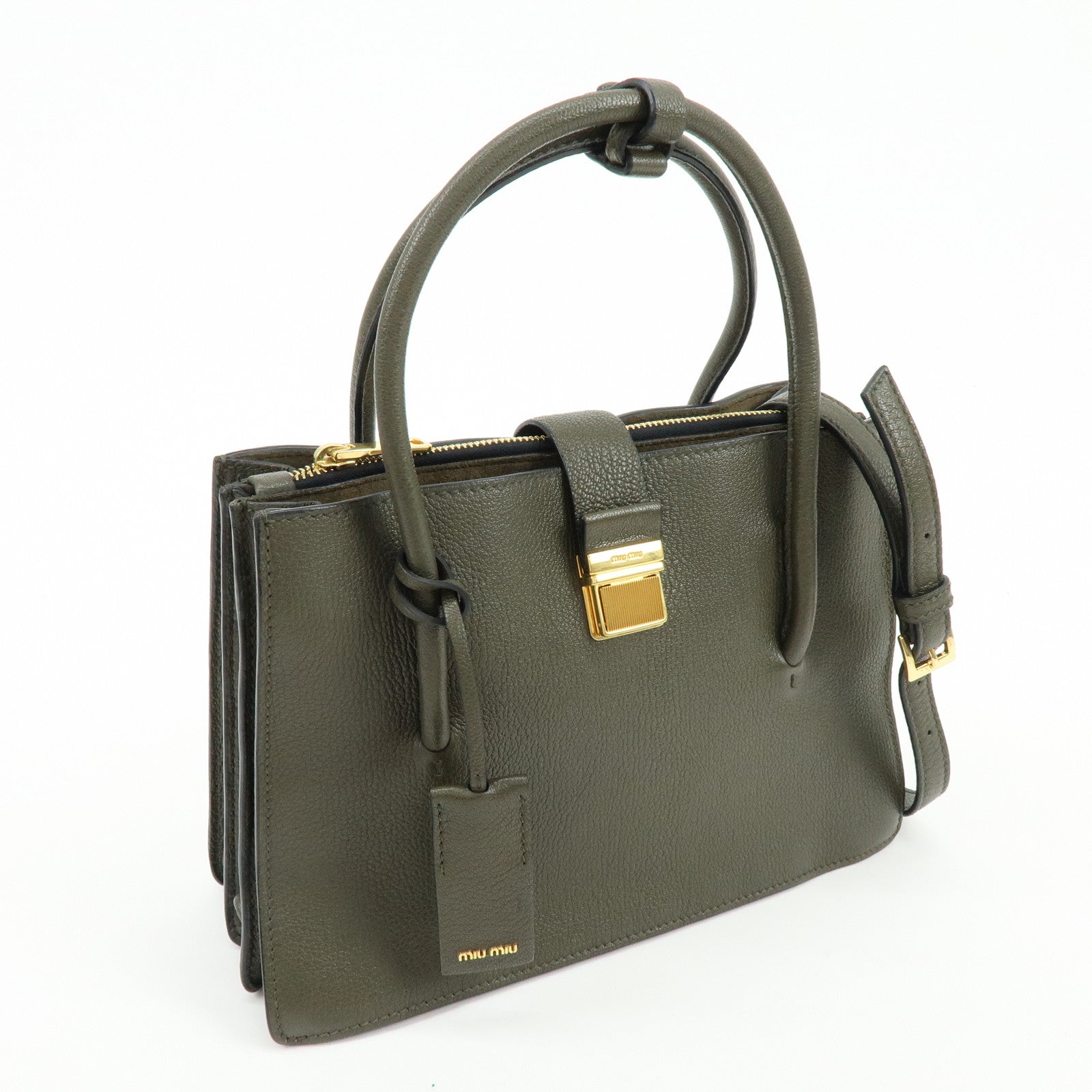 MIU MIU Madras Leather 2Way Bag Hand Bag Shoulder Bag Khaki 5BA104