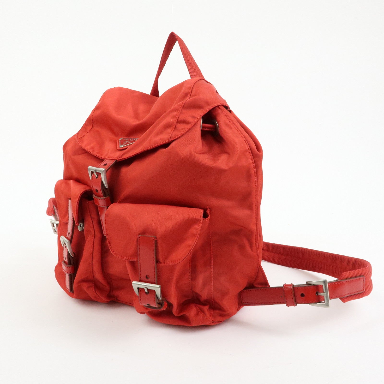 PRADA Triangle Logo Nylon Leather Backpack Rucksuck Red