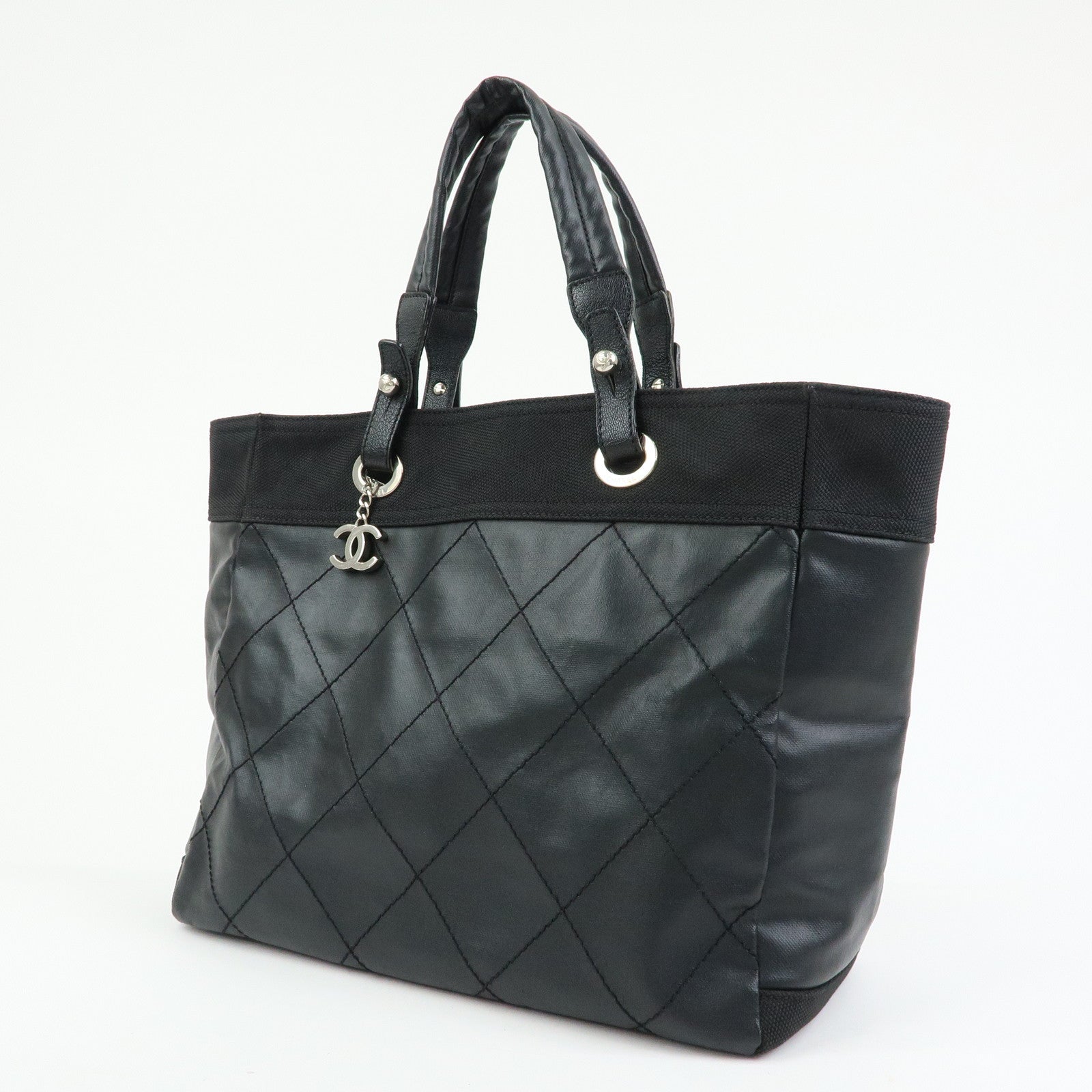 CHANEL Paris Biarritz MM PVC Leather Tote Bag Hand Bag Black A34209