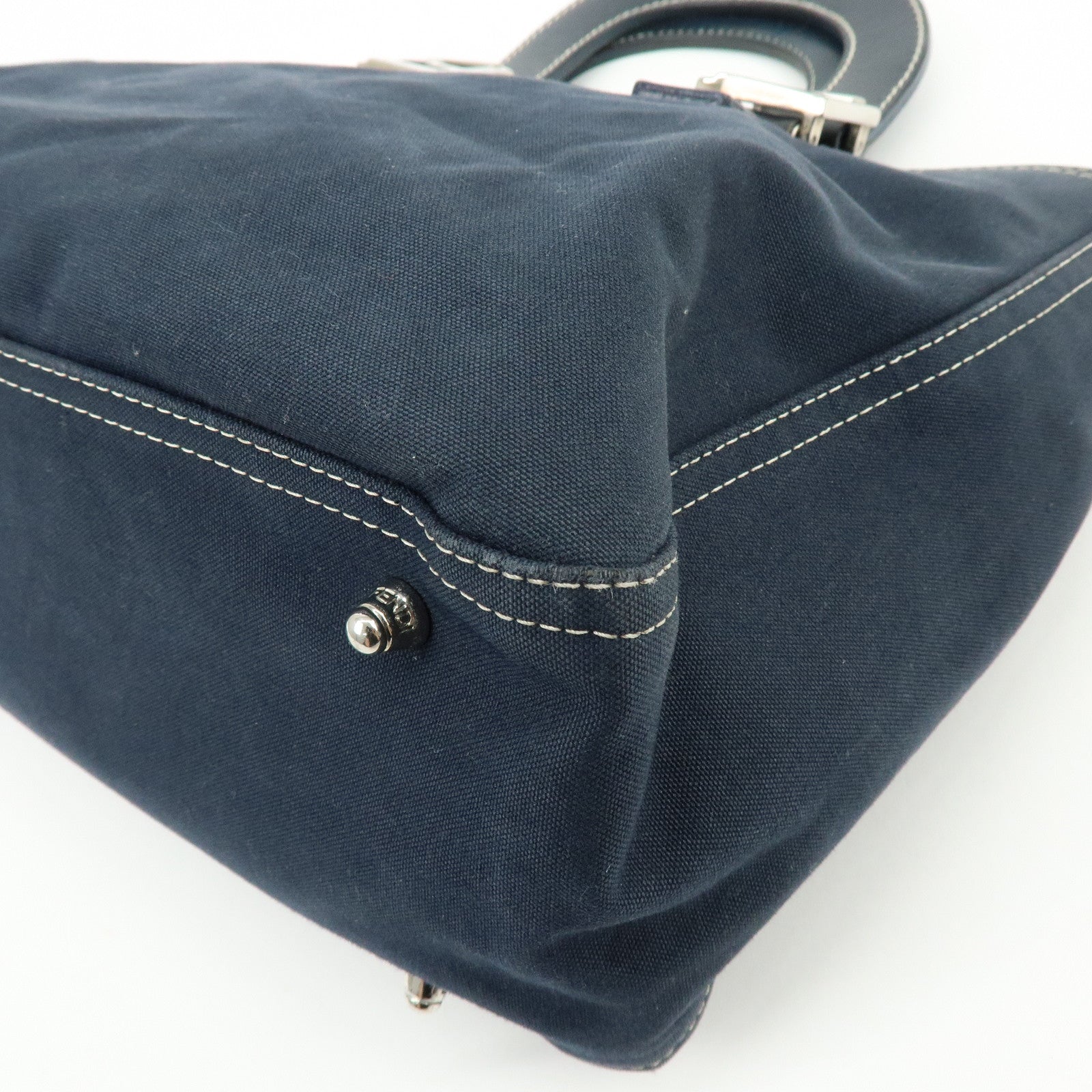 FENDI Canvas Leather Tote Bag Hand Bag White Stitch Navy 26693