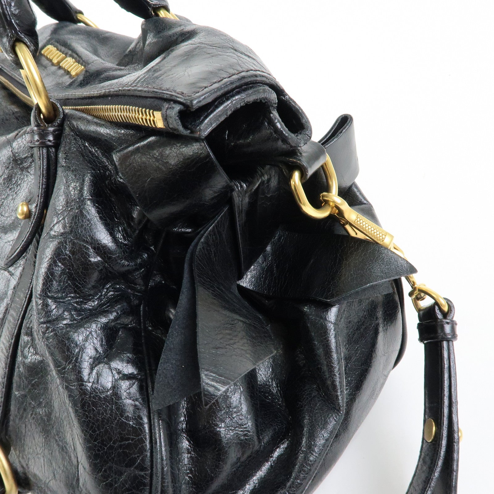 MIU MIU Leather Side Ribbon Large 2Way Hand Shoulder Bag Black  RT0365