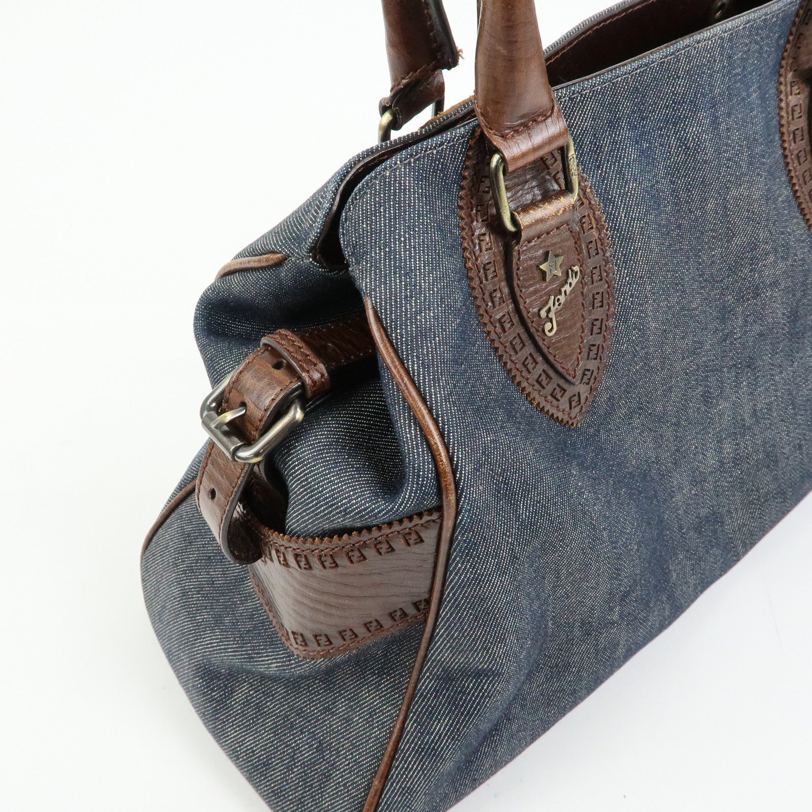 FENDI Etnico Leather Denim Tote Bag Shoulder Bag Brown Blue 8BN162