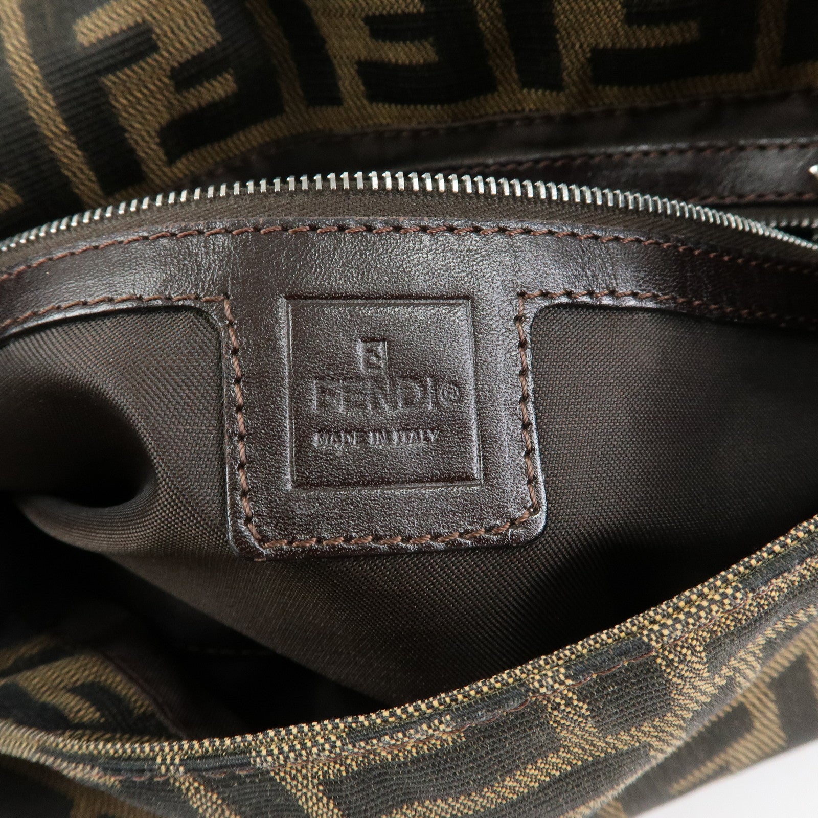 FENDI Mamma Baguette Zucca Canvas Leather Shoulder Bag Brown 26424