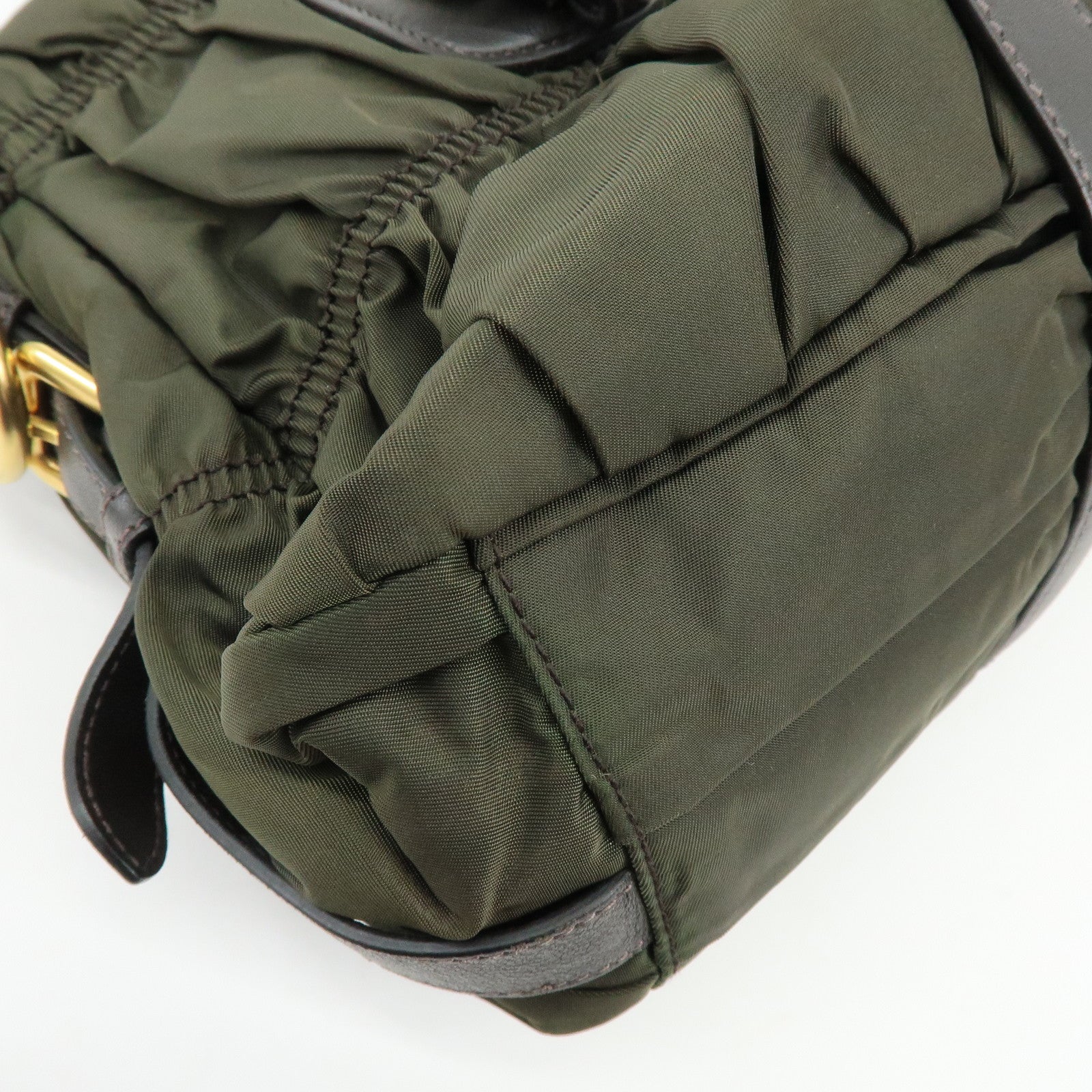 PRADA Triangle Logo Gathered Nylon Leather 2Way Bag Hand Bag BN1407