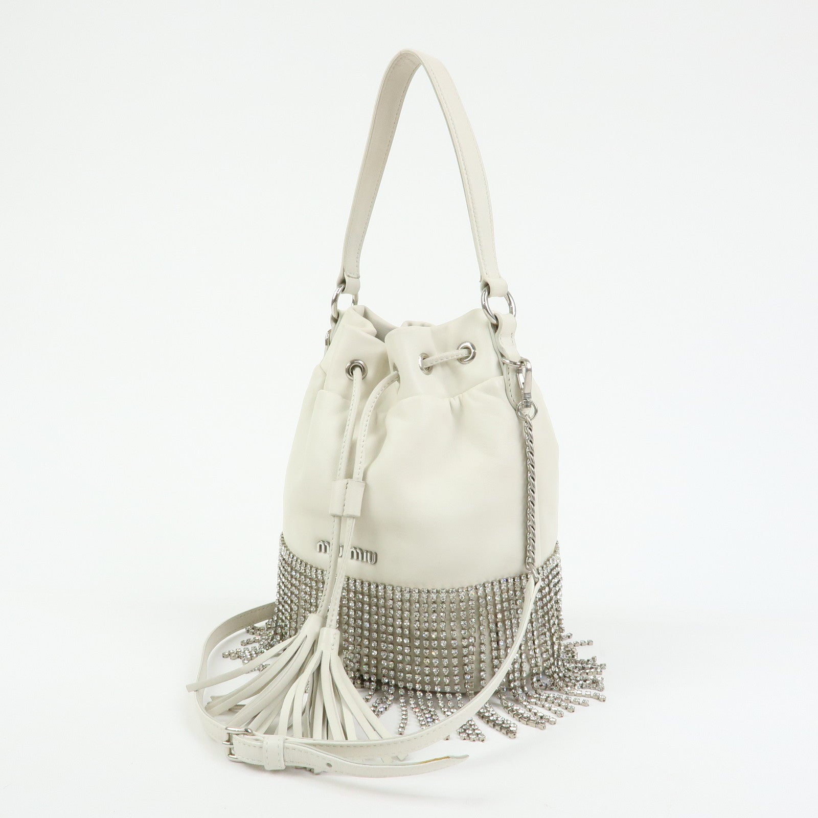 MIU MIU Nappa Leather 2Way Hand Bag Shoulder Bag Fringe White 5BE014