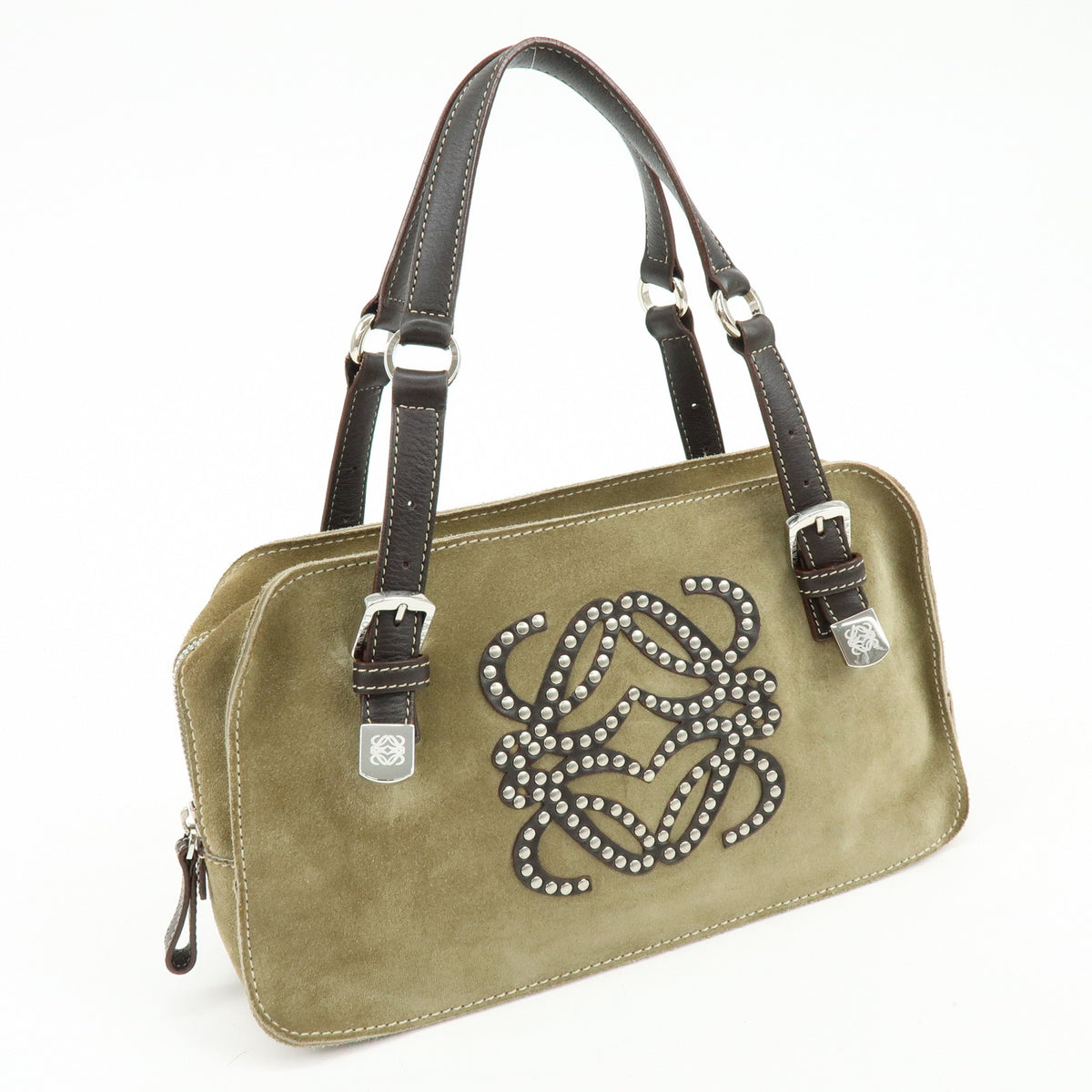 LOEWE Anagram Suede Leather Hand Bag Tote Bag Studs Khaki Brown