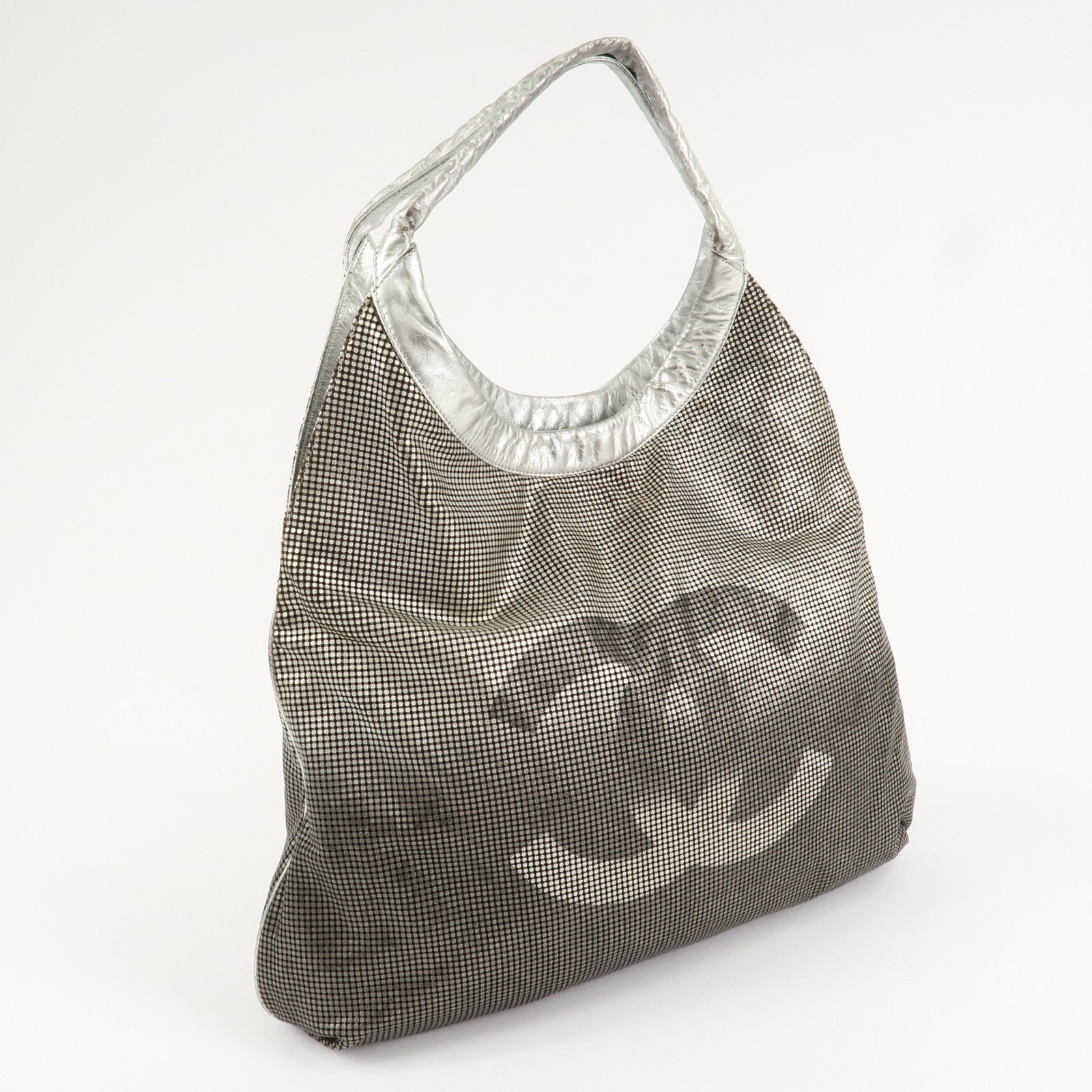 CHANEL Maxi COCO Mark Punching Leather Tote Bag Shoulder Bag Silver Used