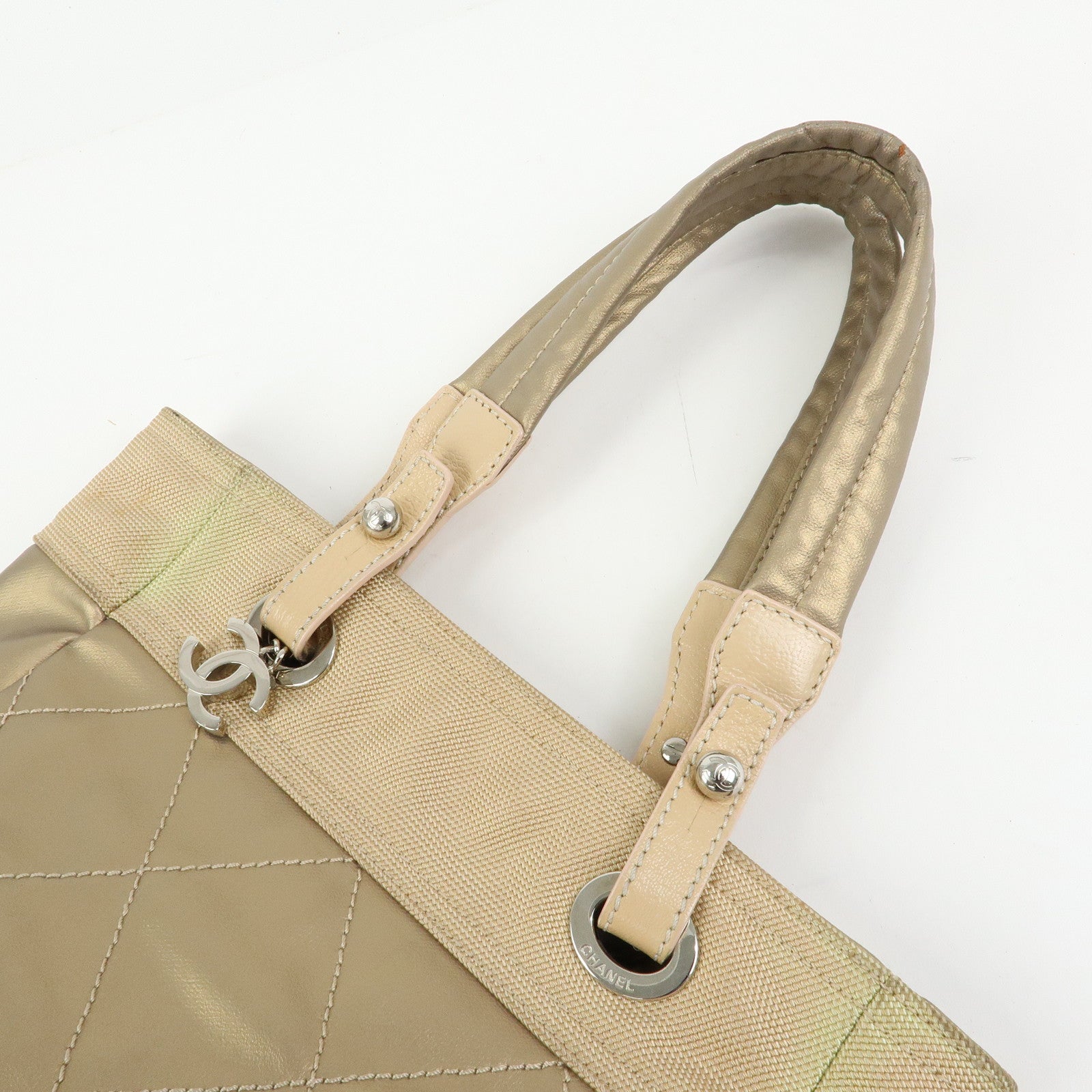 CHANEL Paris Biarritz PM Coated Canvas Leather Tote Bag Gold A34208