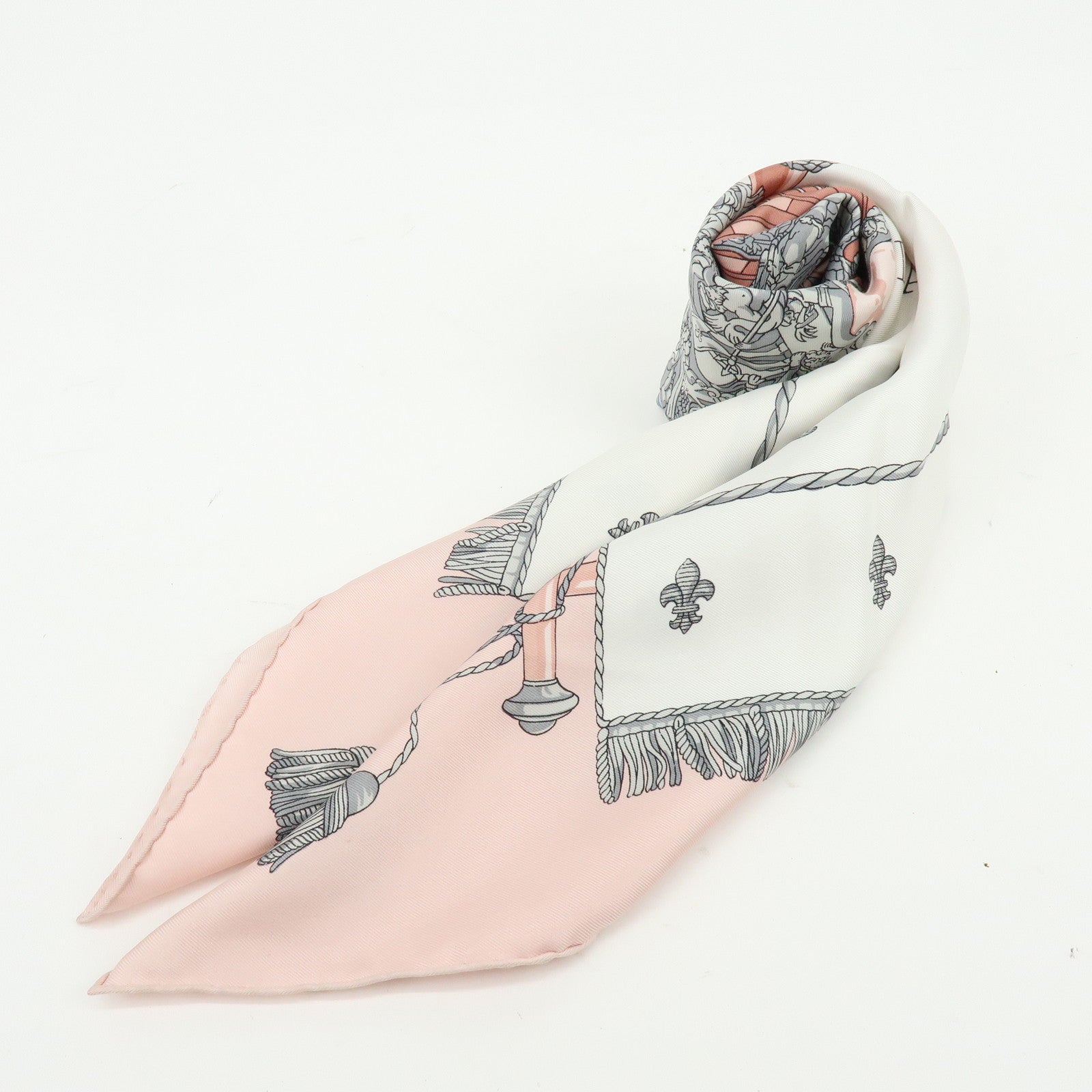 HERMES Carre 90 Silk 100% Scarf VUE DU CARROSSE DE LA GALERE Pink White