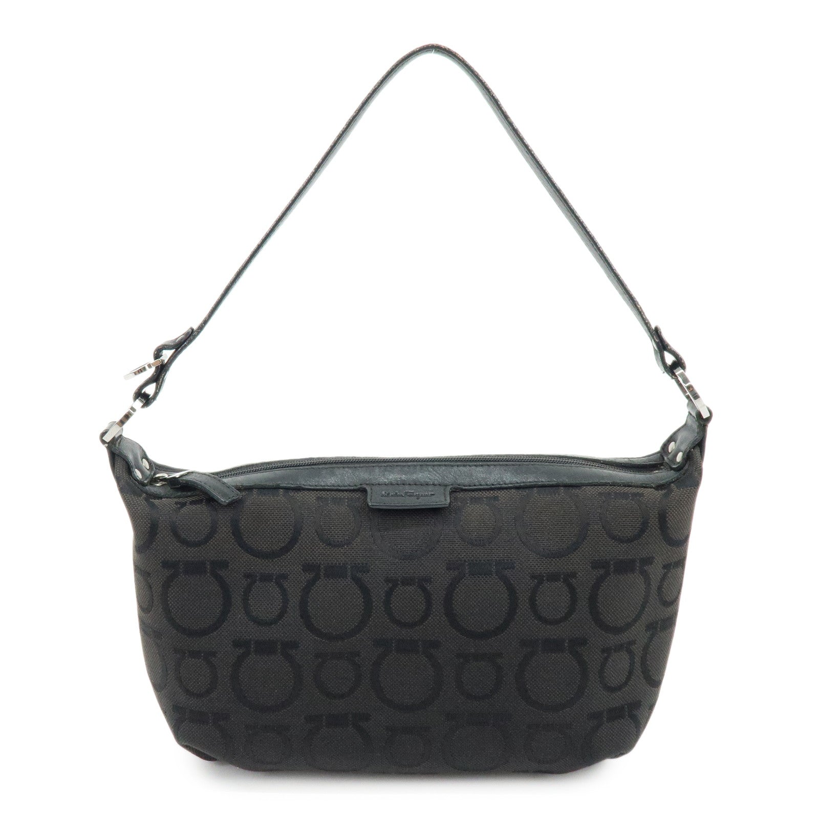 Ferragamo Gancini Canvas Leather Hand Bag Accessory Pouch Black