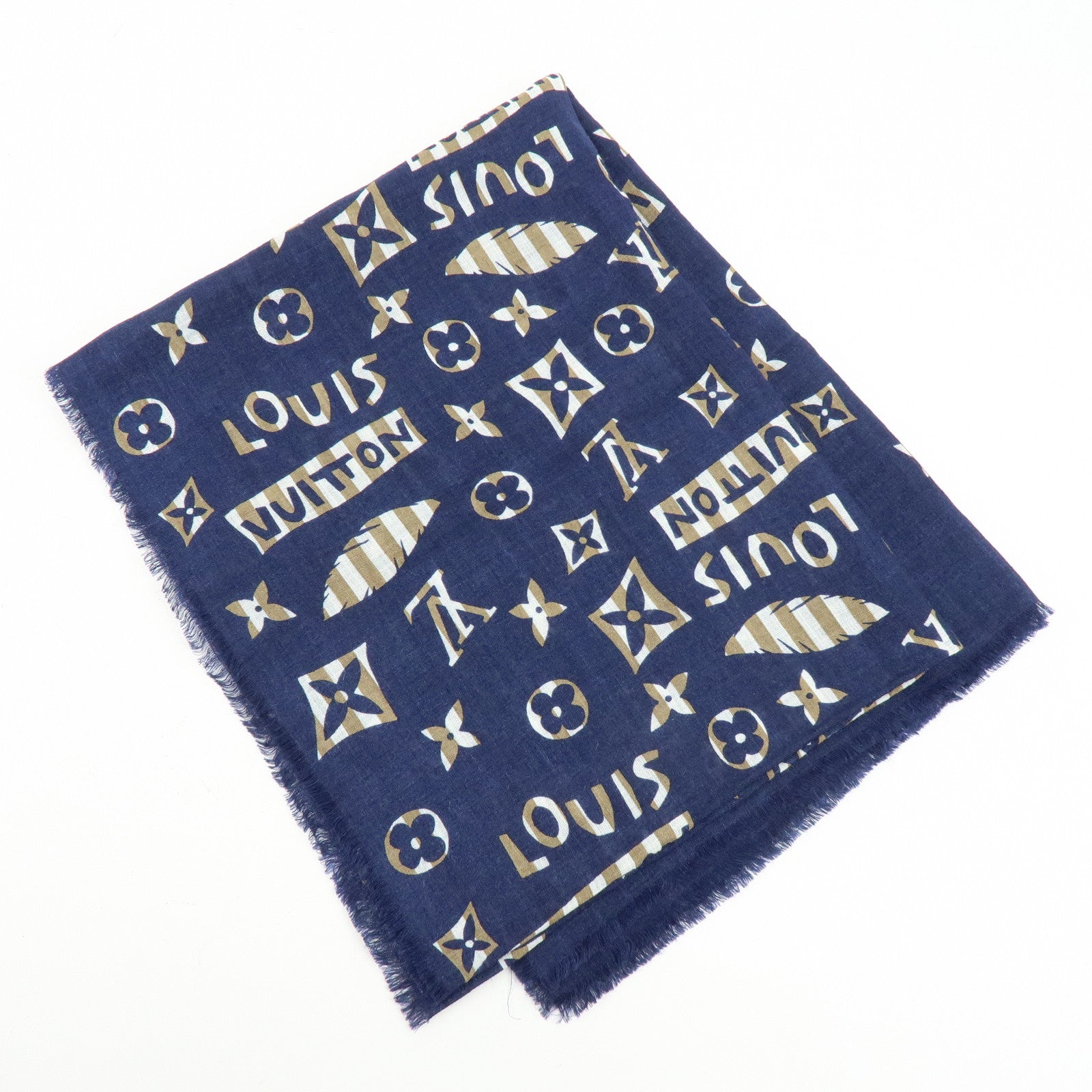 Louis Vuitton Monogram Linen Silk Scarf Shawl Navy Light Brown