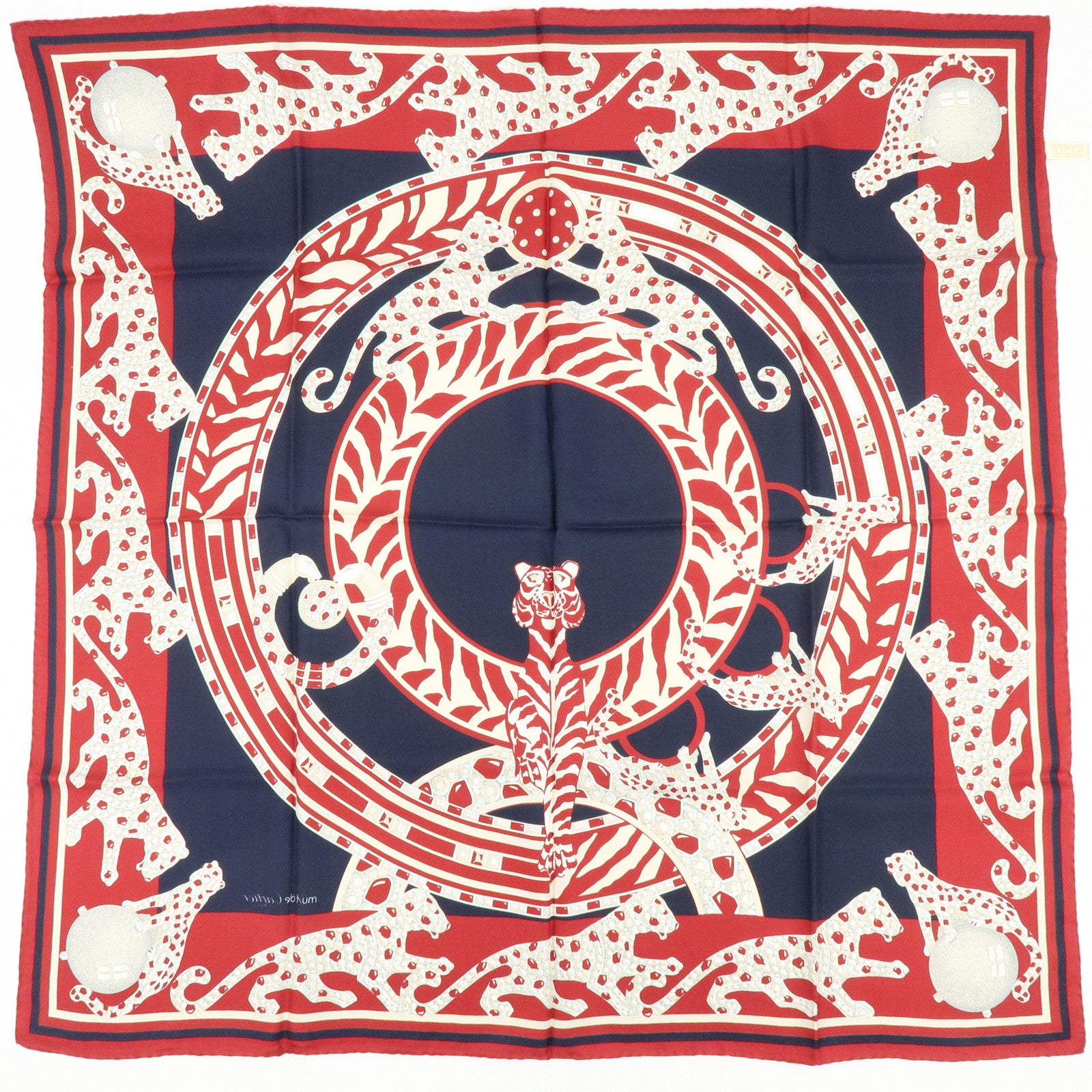 Cartier Must de Cartier Silk 100% Tiger Print Scarf Showl Red Navy