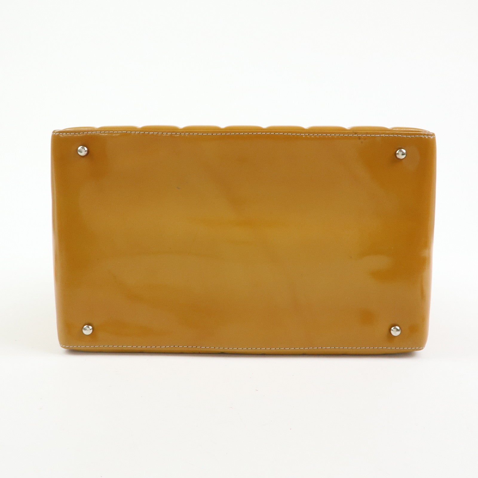 CHANEL Chocolate Bar COCO Mark Patent Leather Boston Bag Hand Bag Camel
