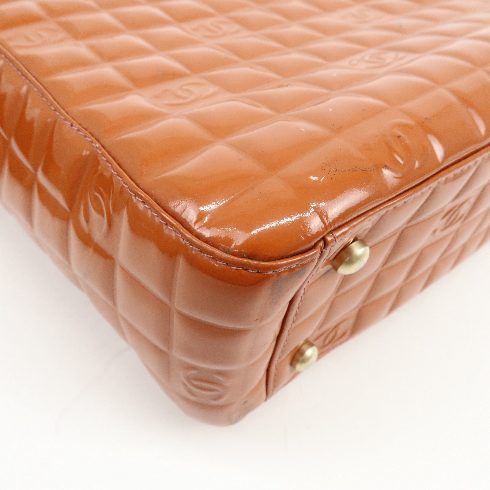 CHANEL Chocolate Bar COCO Mark Patent Leather Hand Bag Tote Bag Orange