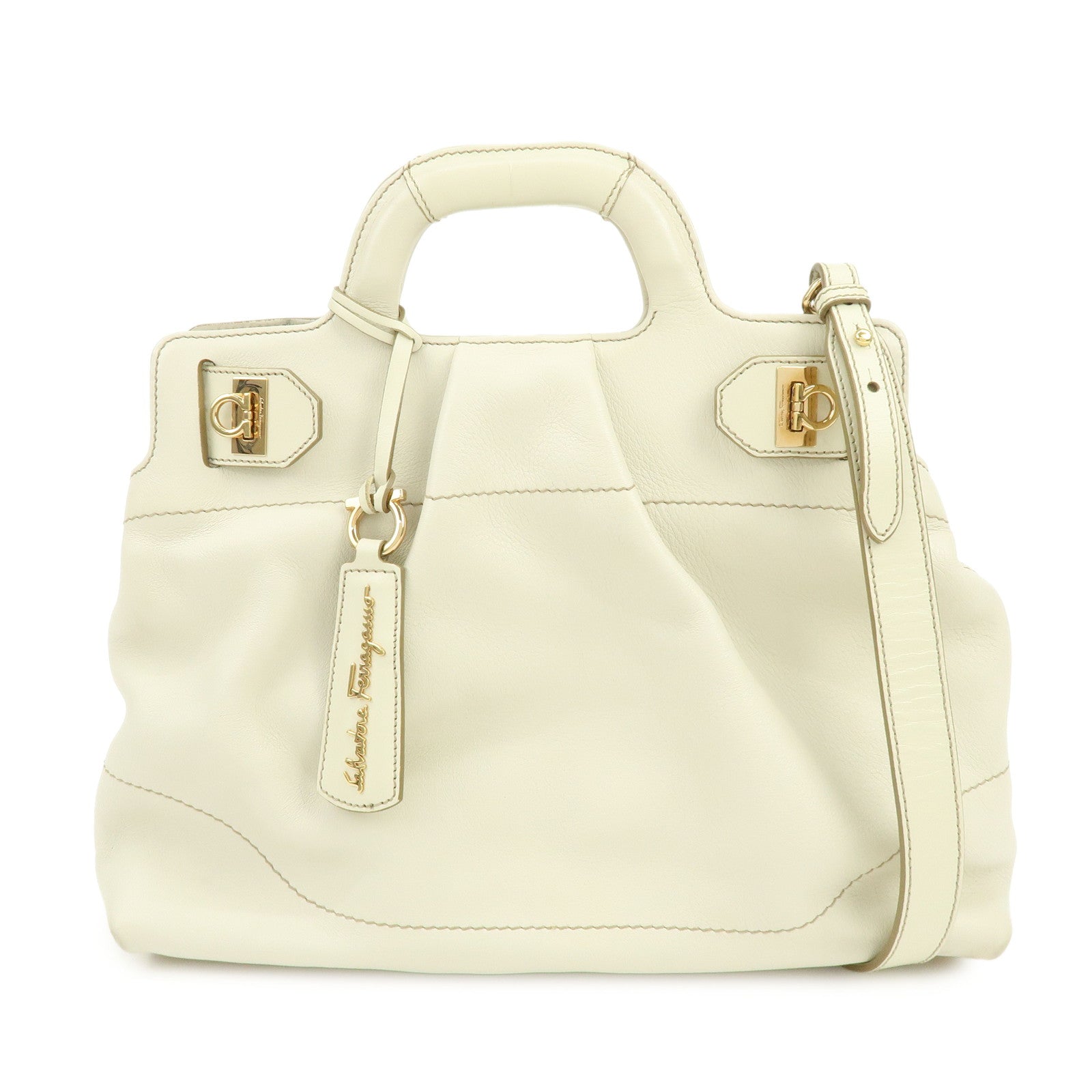 Ferragamo Gancini Leather 2Way Bag Shoulder Bag Hand Bag White