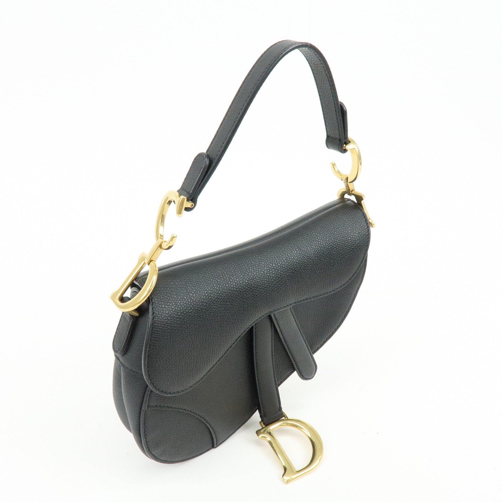 Christian Dior CD Logo Saddle Bag Leather Hand Bag Black
