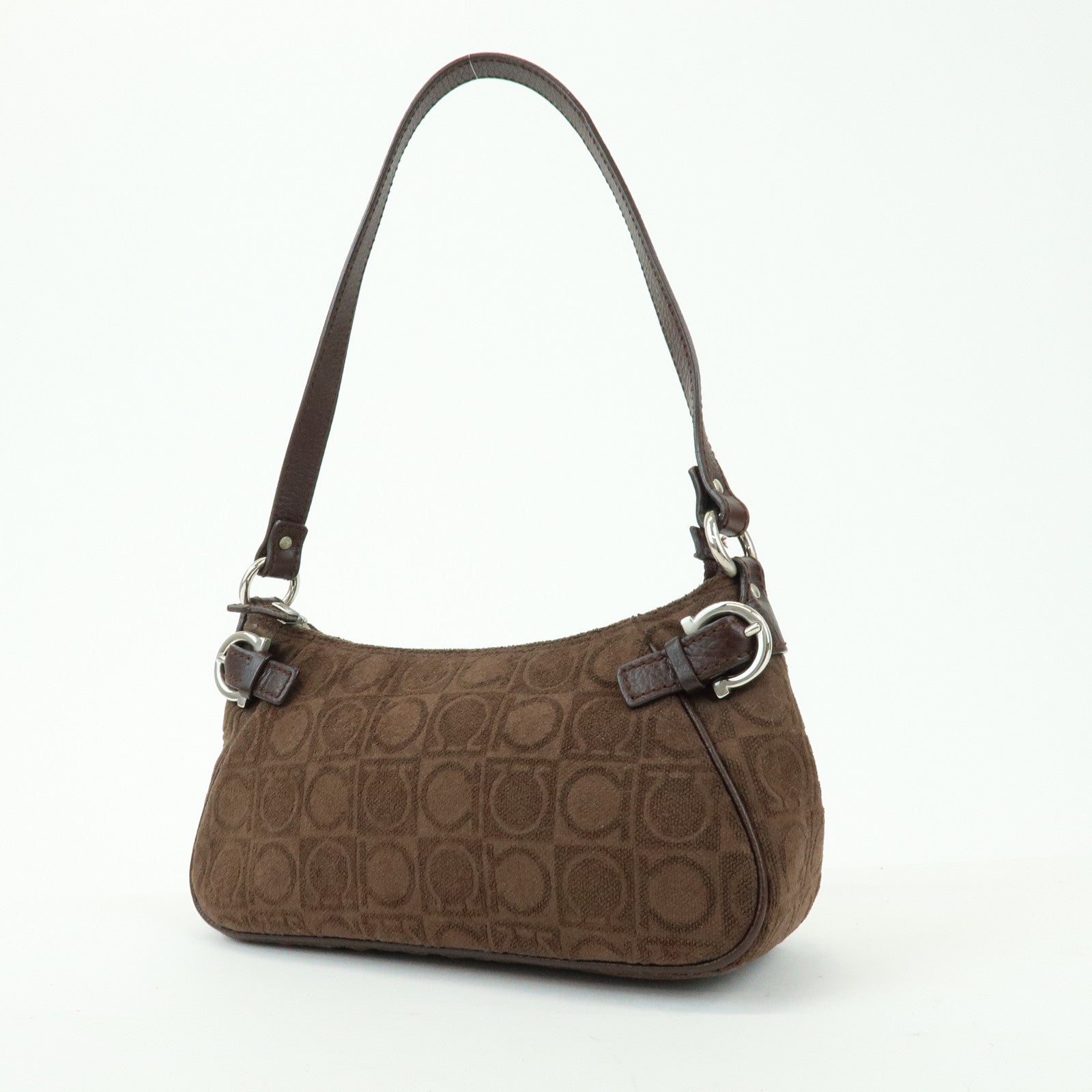 Ferragamo Gancini Pile Leather Shoulder Bag Hand Bag Dark Brown