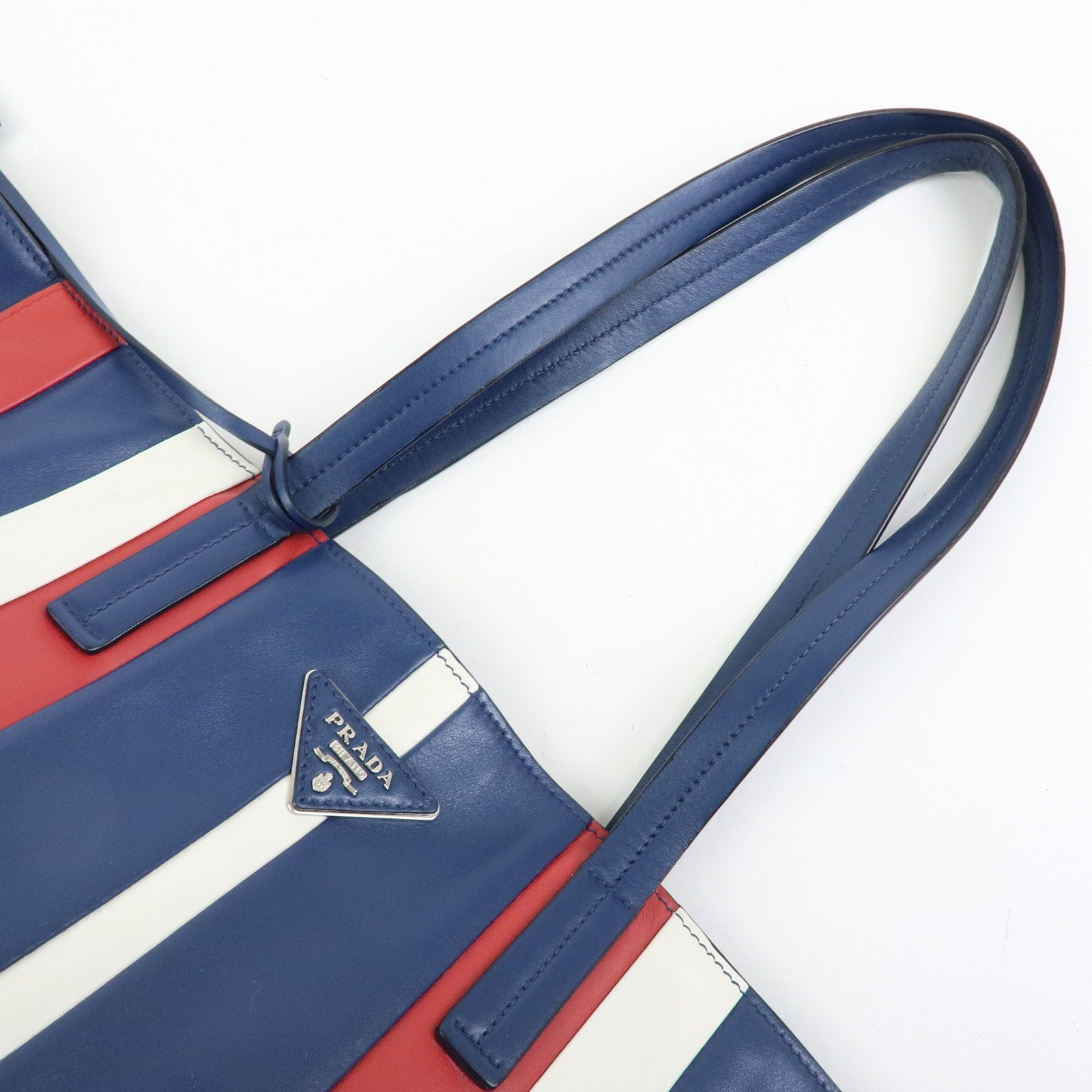PRADA Triangle Logo Leather Tote Bag Shoulder Bag Blue White Red