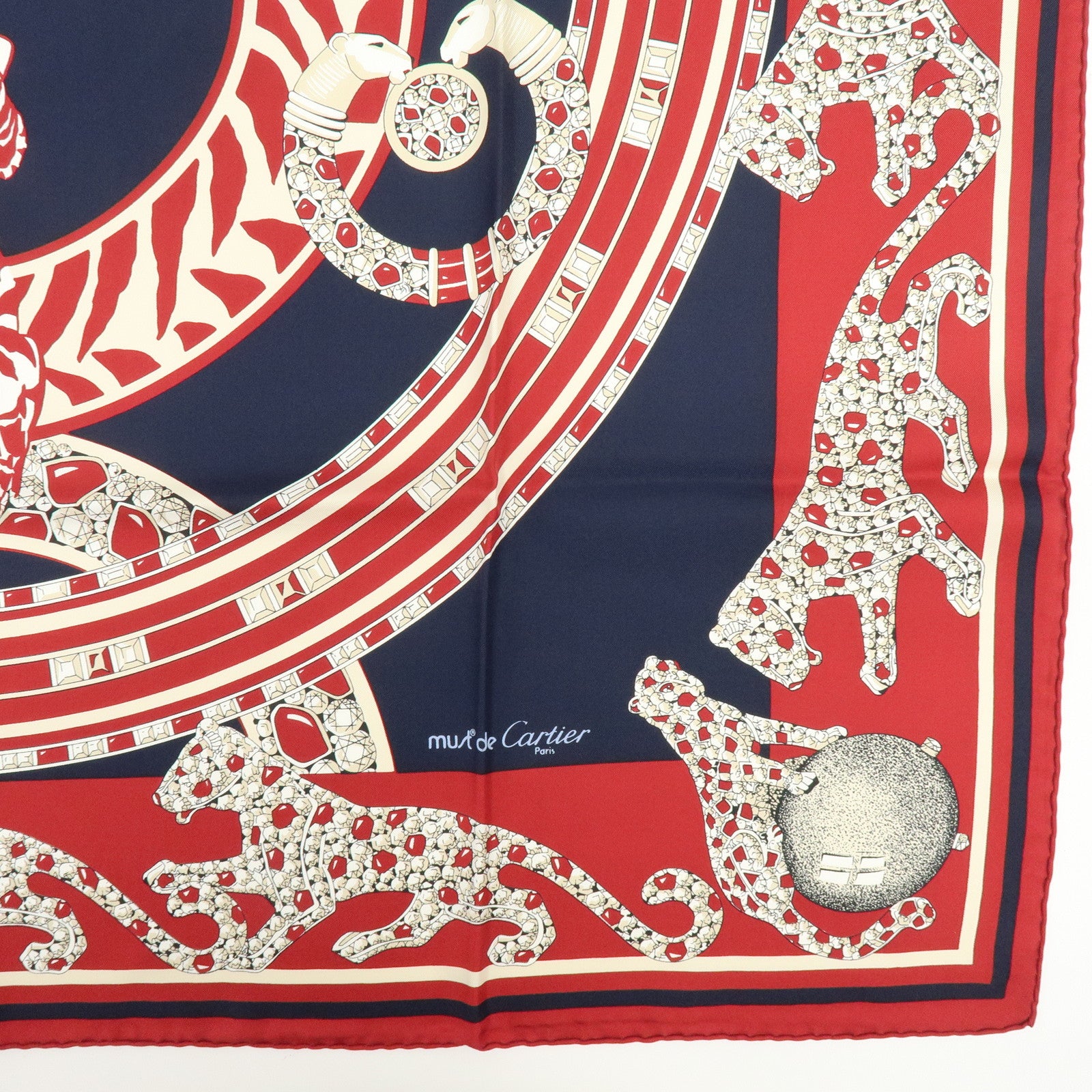Cartier Must de Cartier Silk 100% Tiger Print Scarf Showl Red Navy