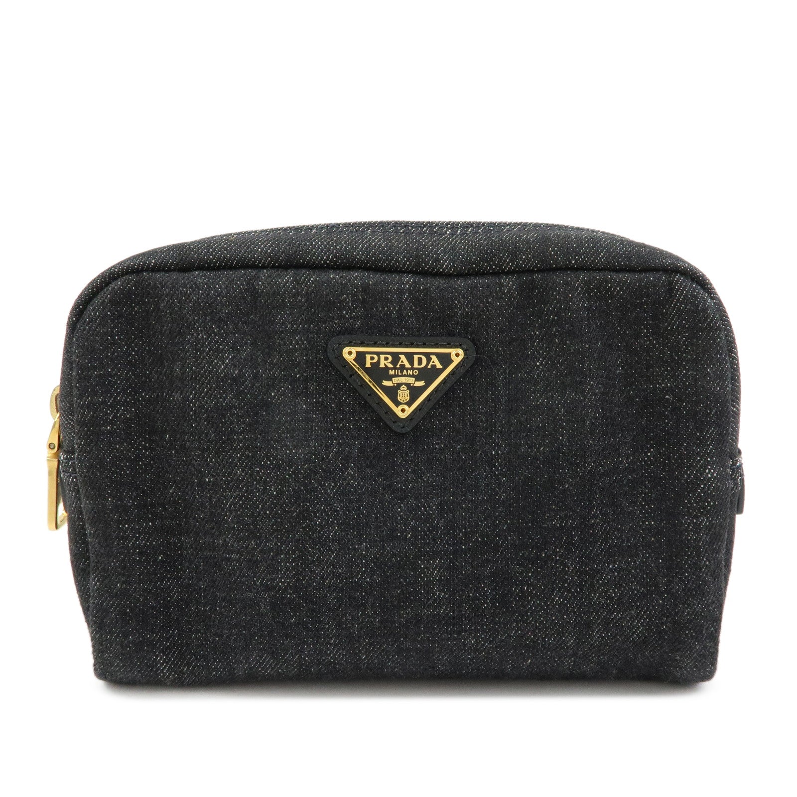 PRADA Triangle Logo Denim Cosmetic Pouch Black Gold