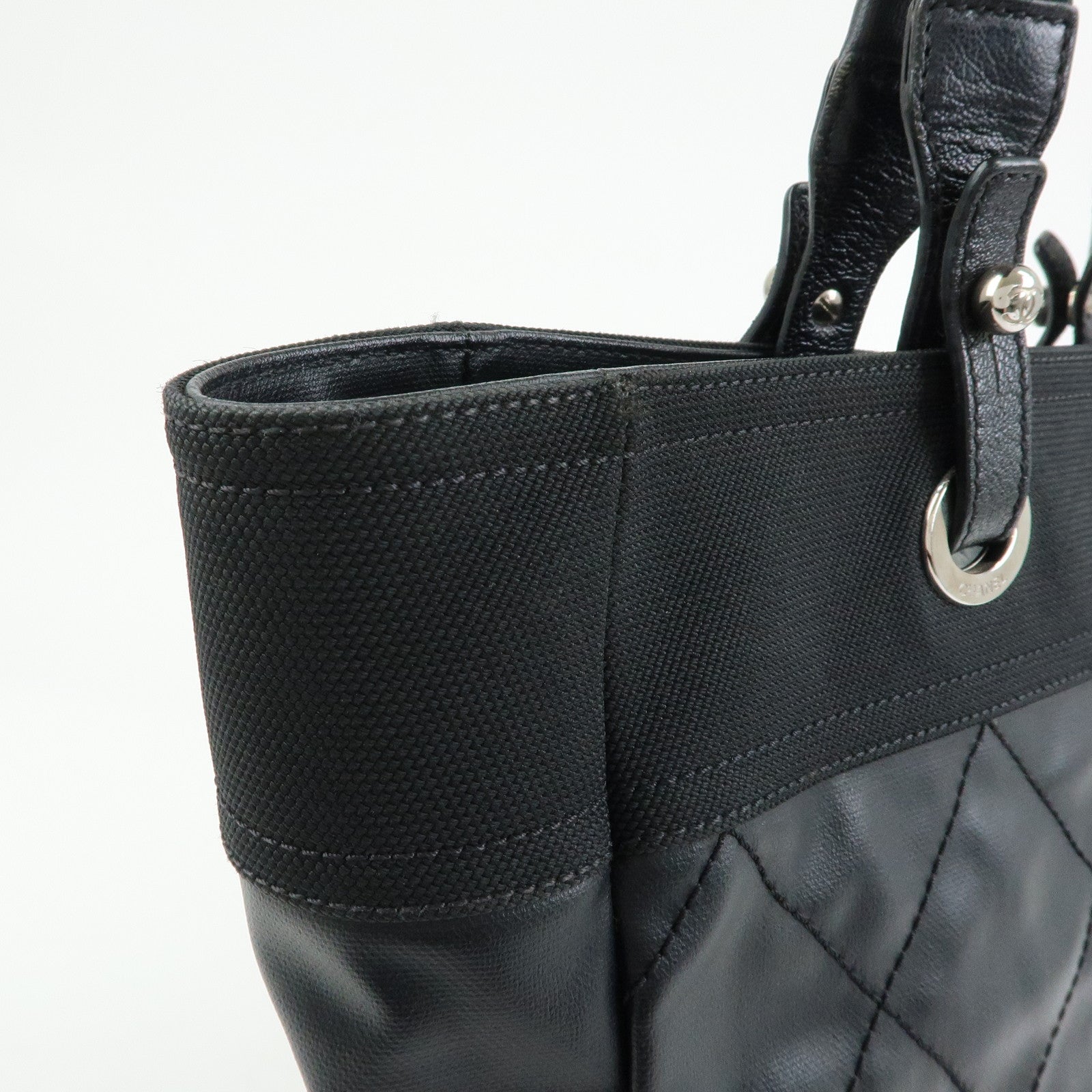 CHANEL Paris Biarritz MM Leather Canvas Tote Bag Hand Bag Black A34209
