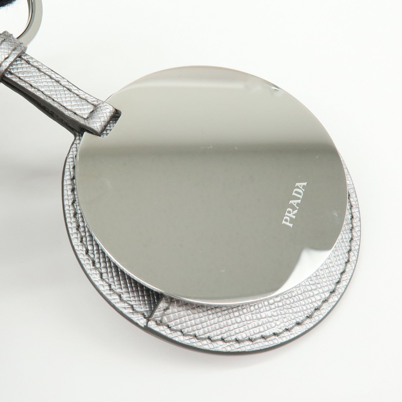 PRADA Triangle Logo Saffiano Leather Bag Charm Key Holder Silver 1TL489