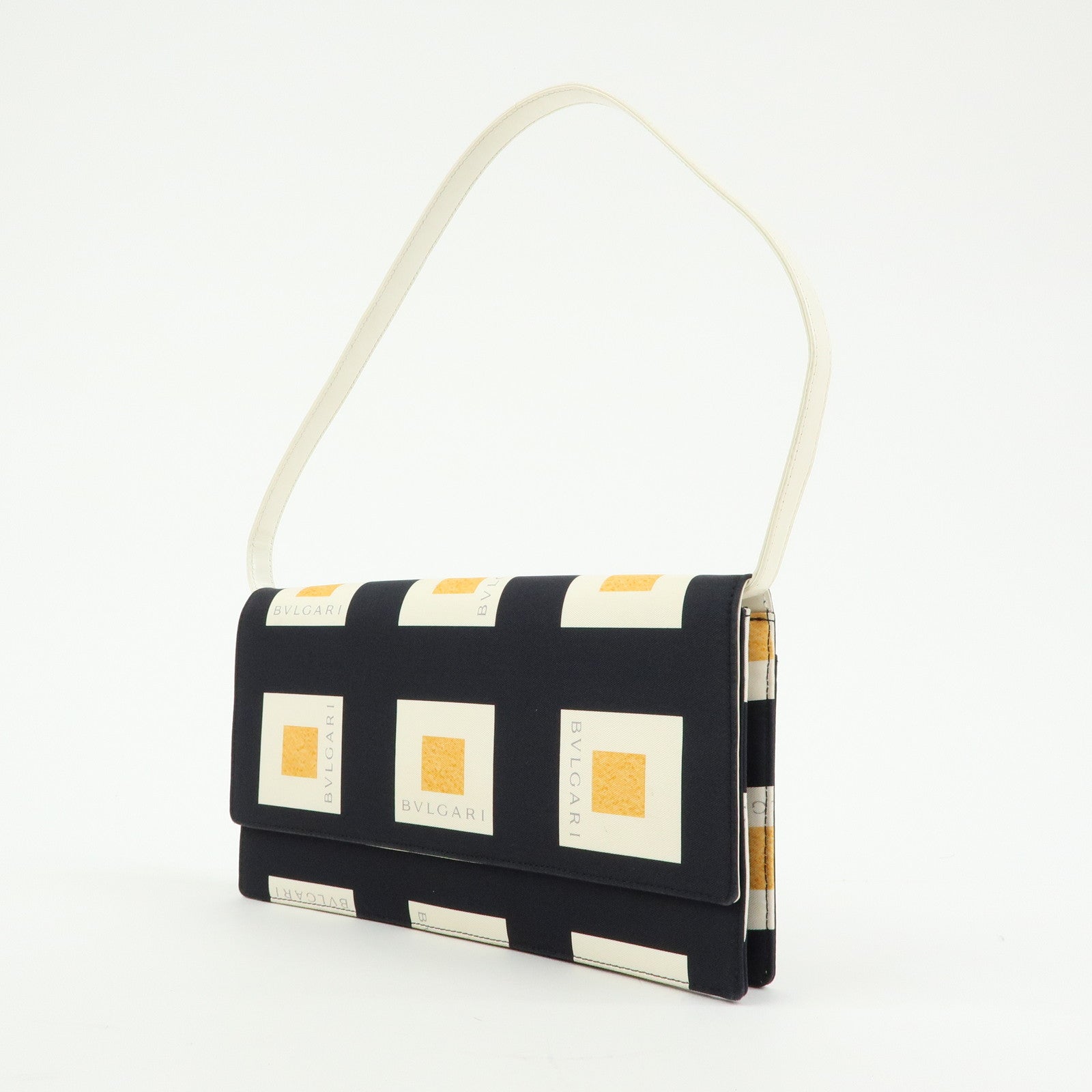BVLGARI Logo Canvas Leather 2Way Shoulder Bag Geometric Square Pattern